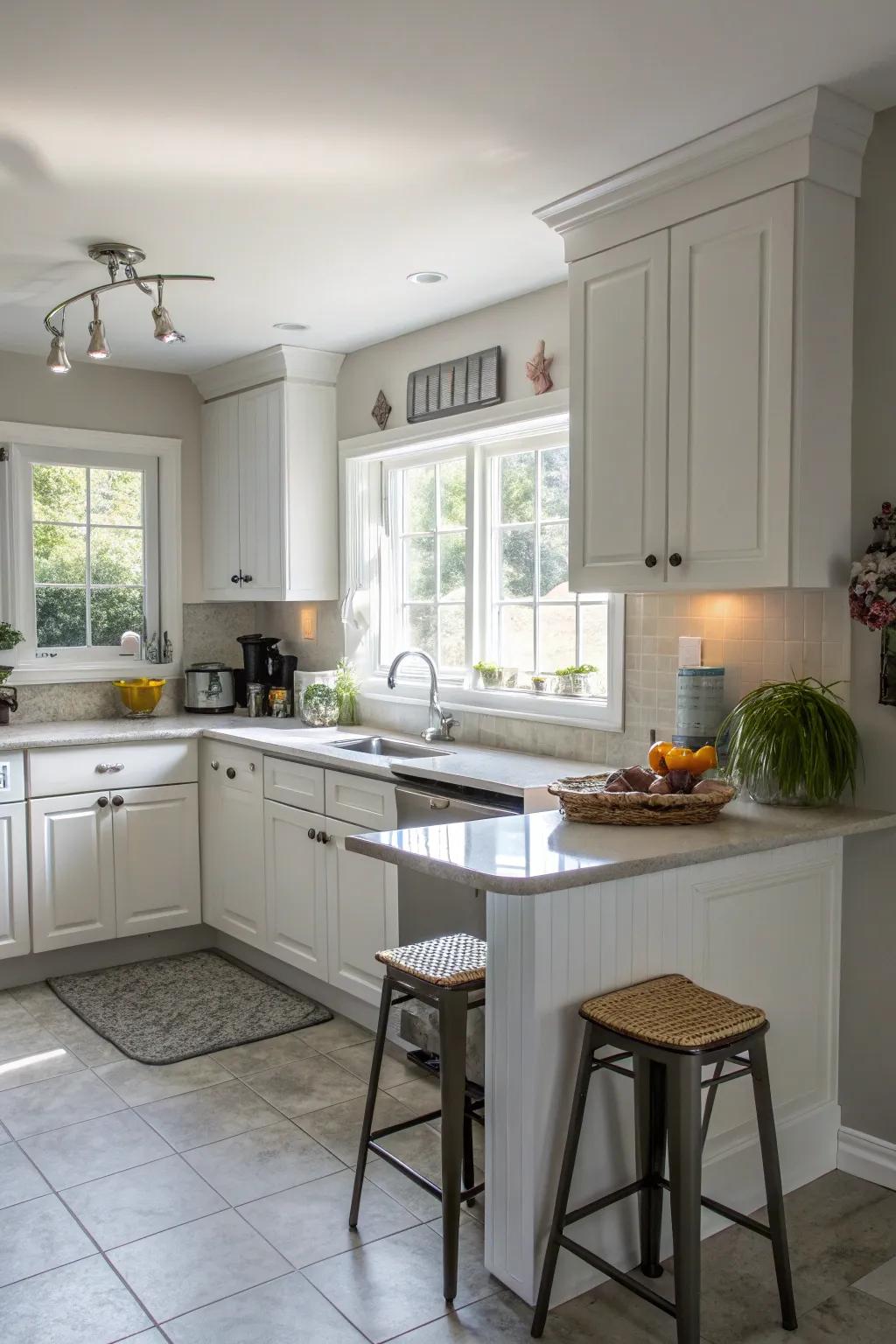 An L-shaped kitchen layout offers efficiency and charm in a compact space.