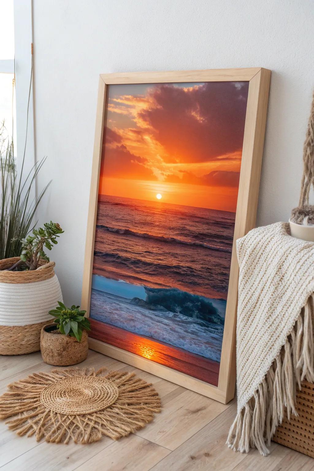 Escape to tranquility with a captivating sunset over the ocean on canvas. Perfect for adding a touch of serene beauty to any minimalist space.