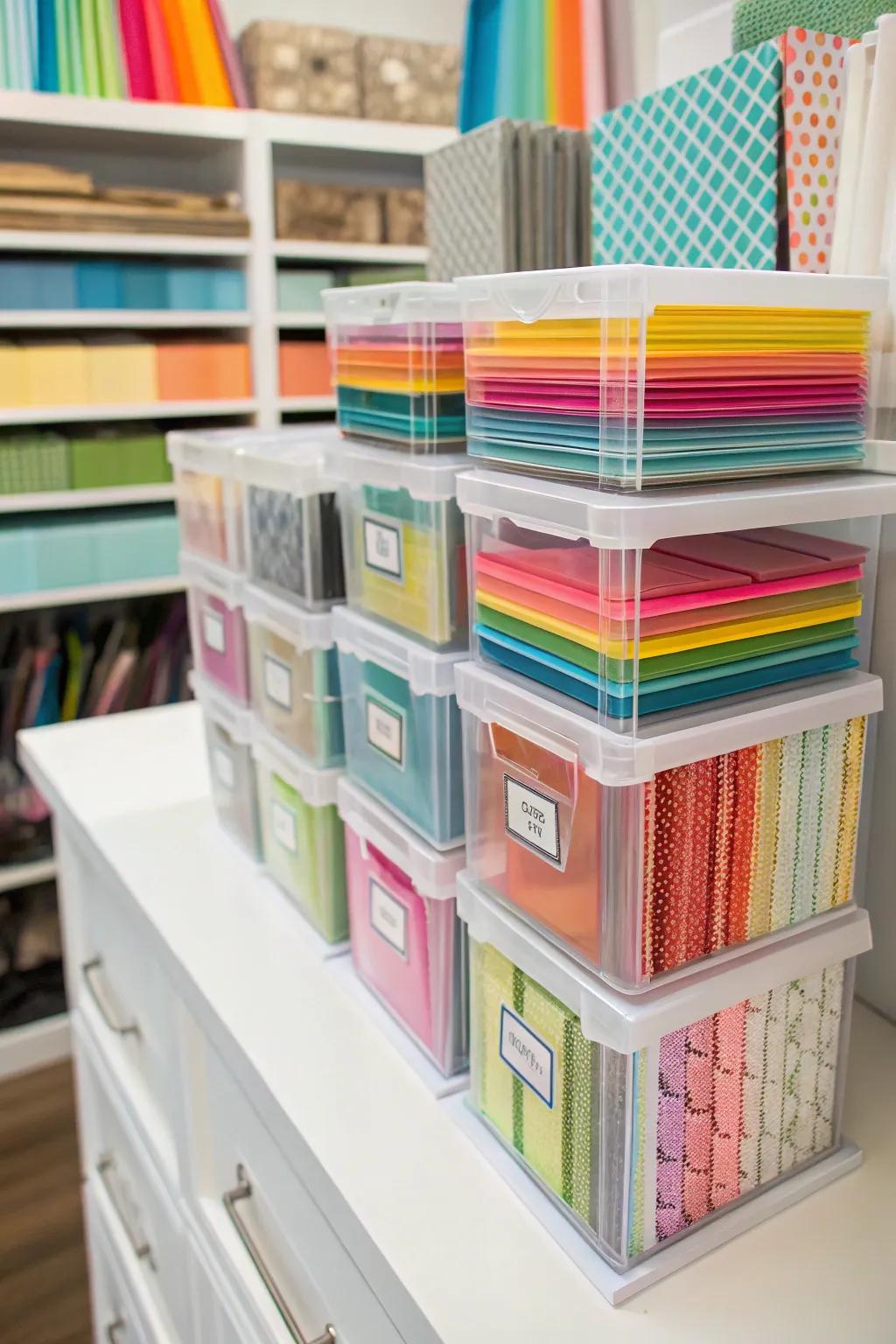 Clear stackable boxes make it easy to browse your paper collection while keeping everything tidy.