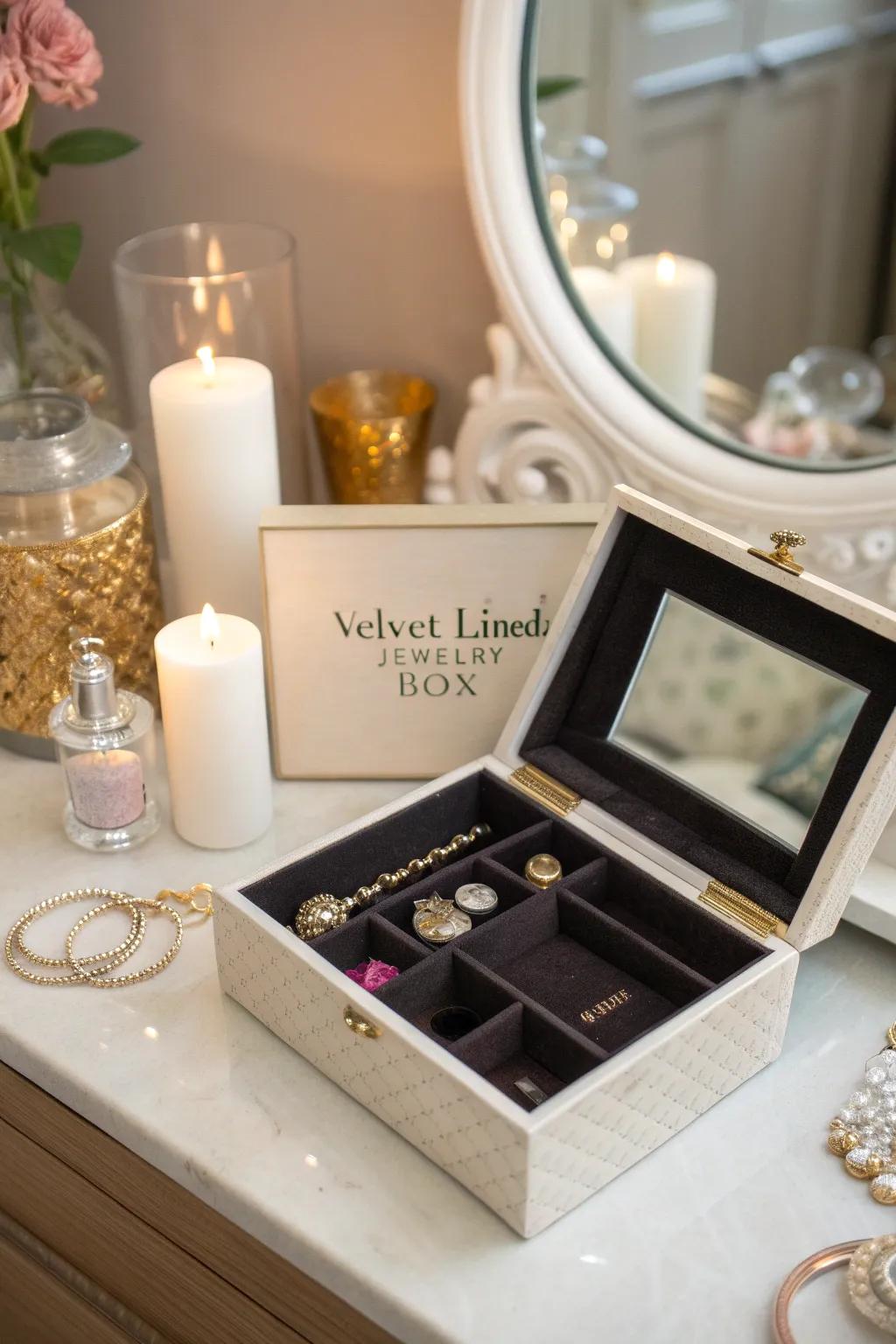 A personalized jewelry box adds a touch of elegance and personal meaning.