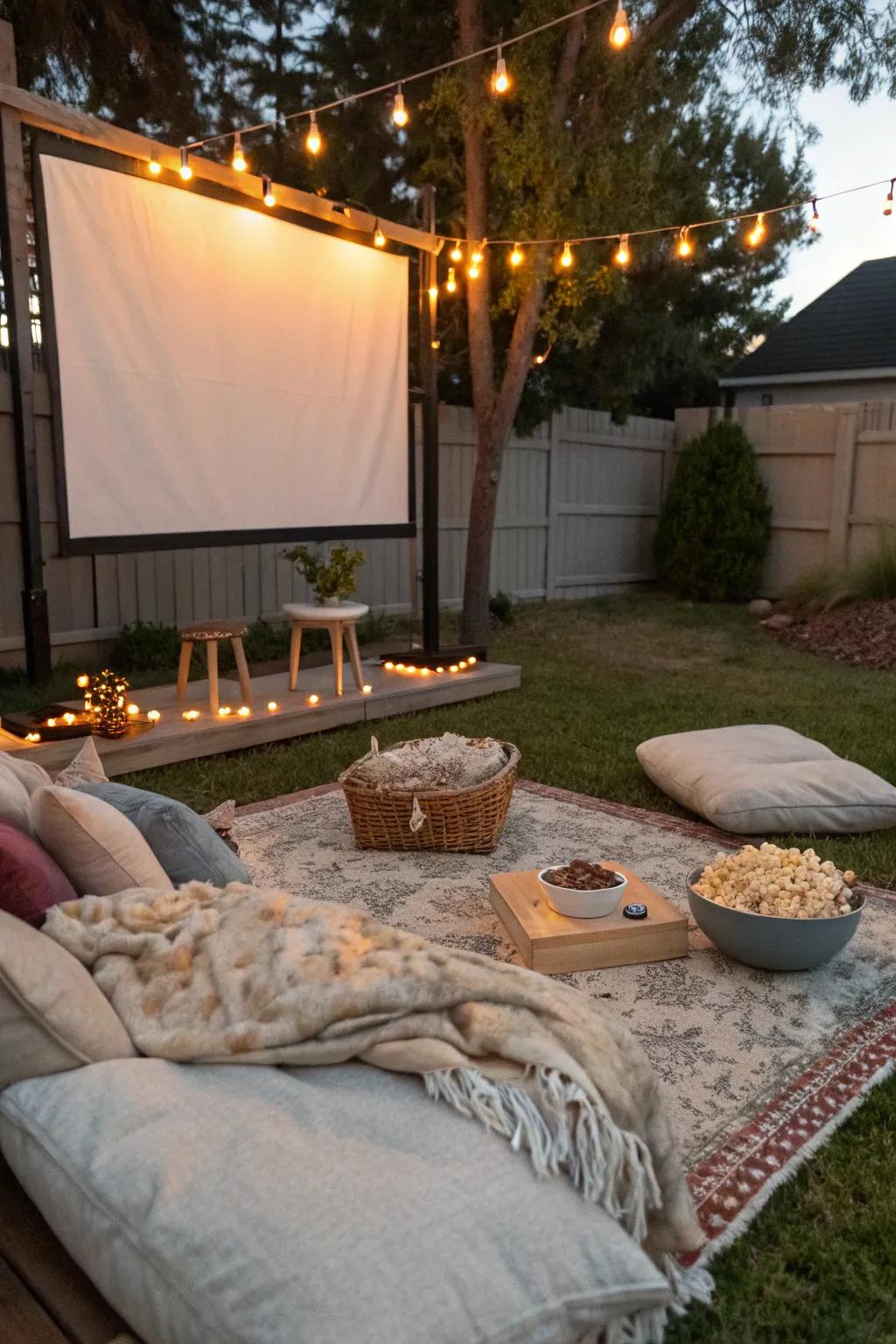 A backyard transformed into a charming outdoor movie theater.