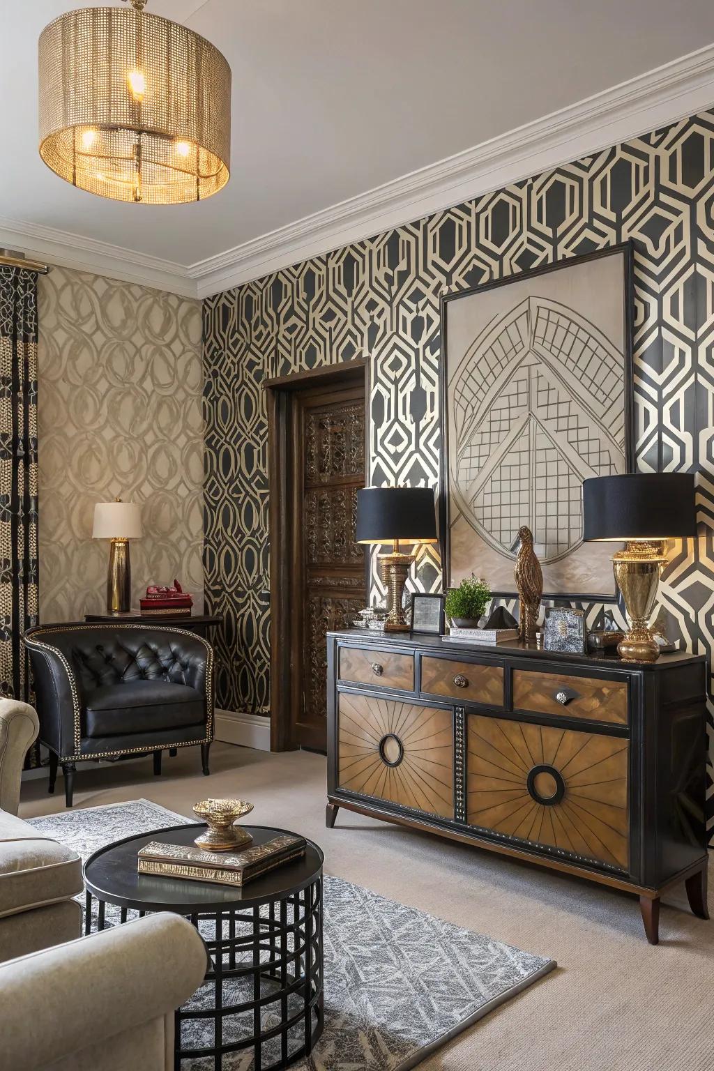 Geometric patterns set the stage for a 1930s-inspired living room.