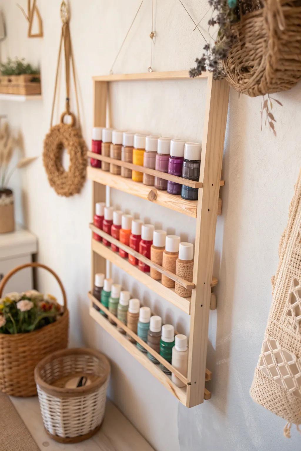 Elevate your creative space with a stunning wall-mounted paint rack that blends minimalist elegance with vibrant functionality.