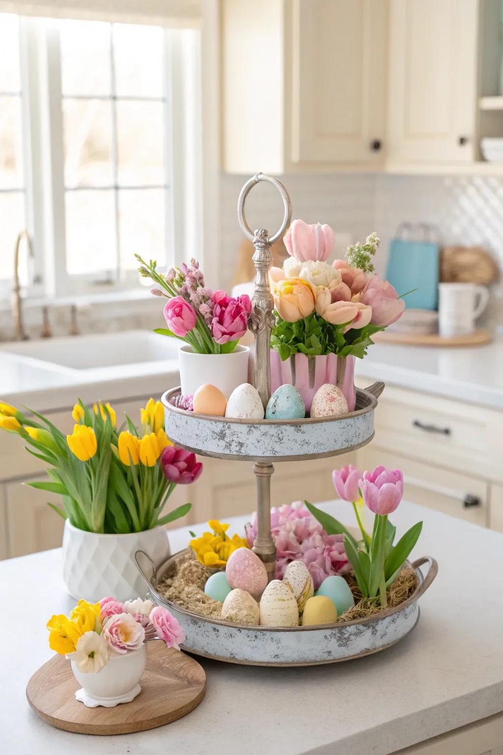 A spring-themed 2-tiered tray with cherry blossoms and pastel accents.