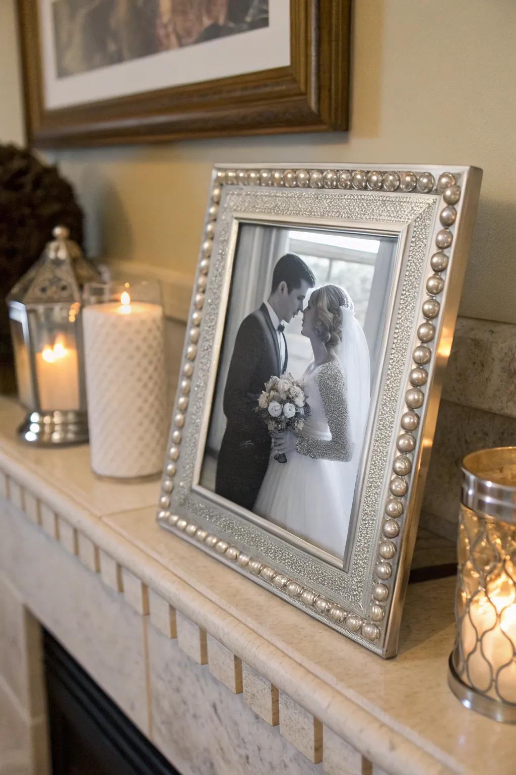 A personalized silver frame captures timeless memories.