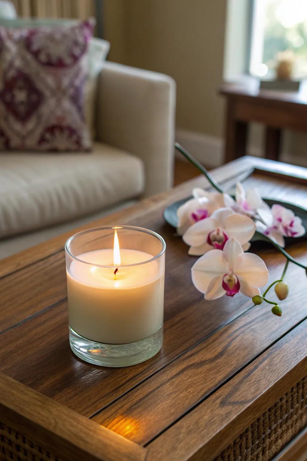 Orchid candles add warmth and elegance.