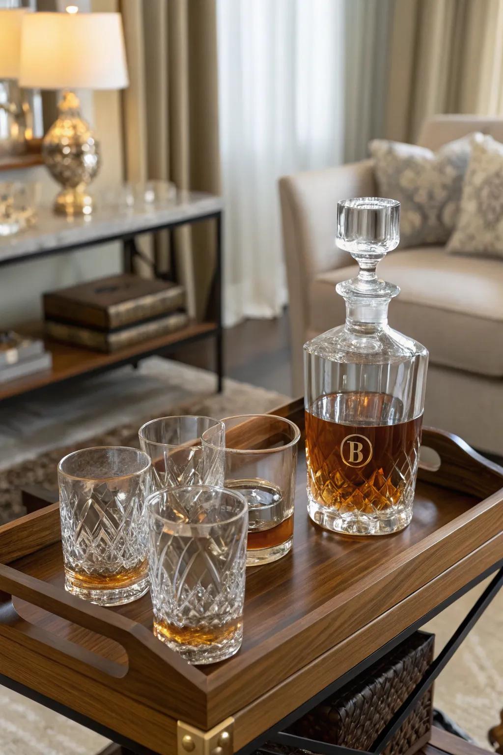 A custom whiskey decanter adds a personal touch to any home bar.