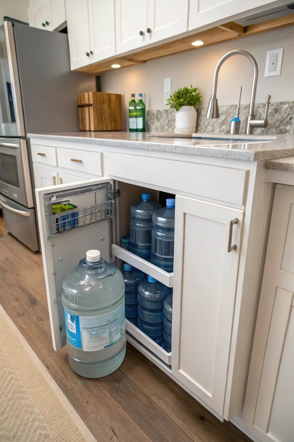 A clever under-counter storage solution for water jugs.