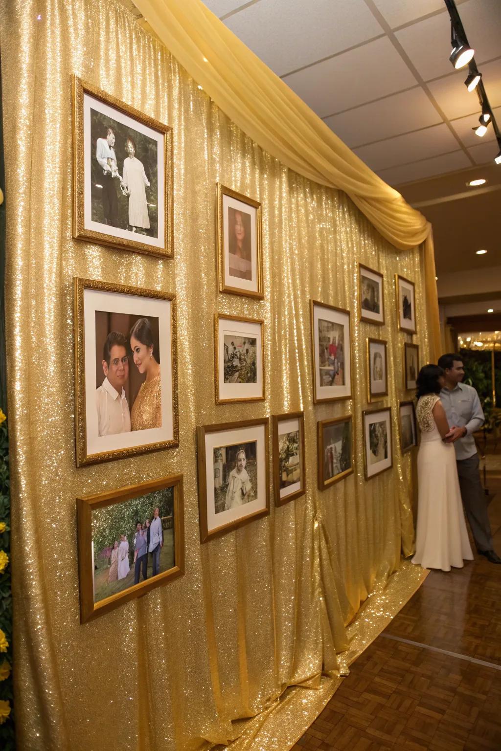 A nostalgic photo wall celebrating 50 years of love and memories.