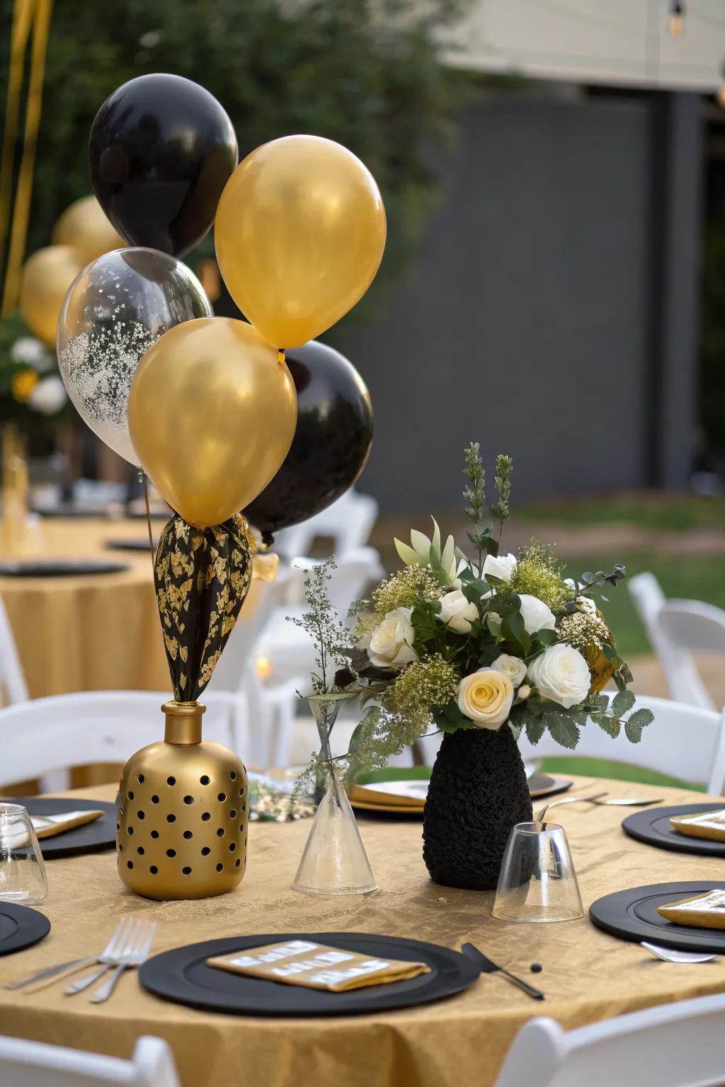 A glamorous table setting in gold and black.