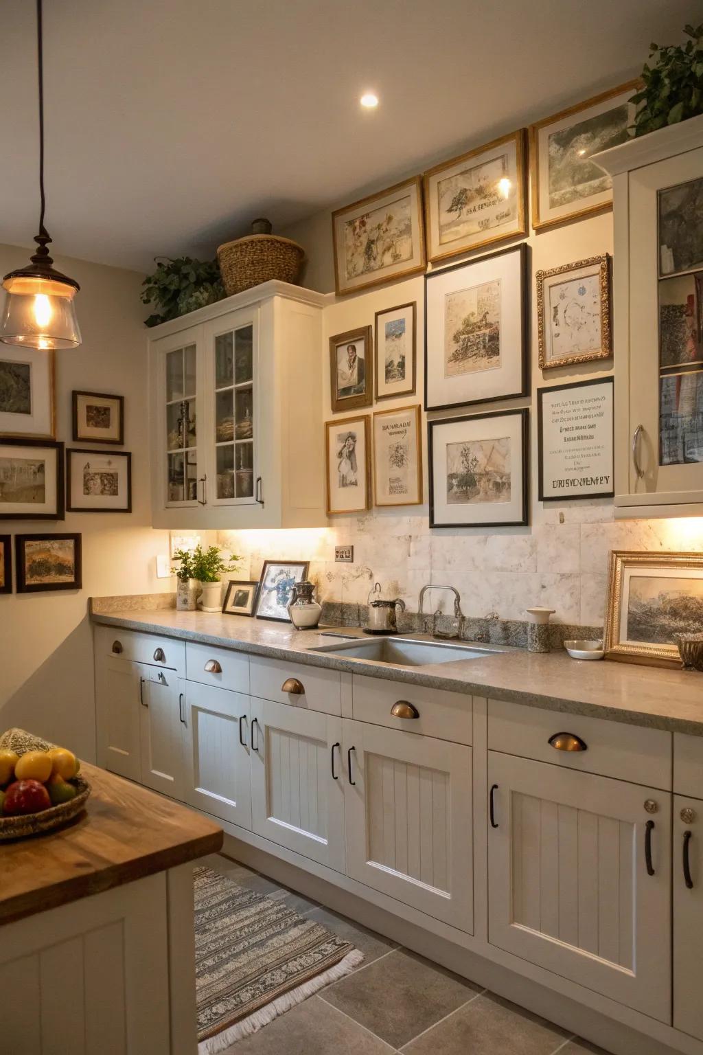 Vintage frames arranged above kitchen cabinets add a nostalgic touch.