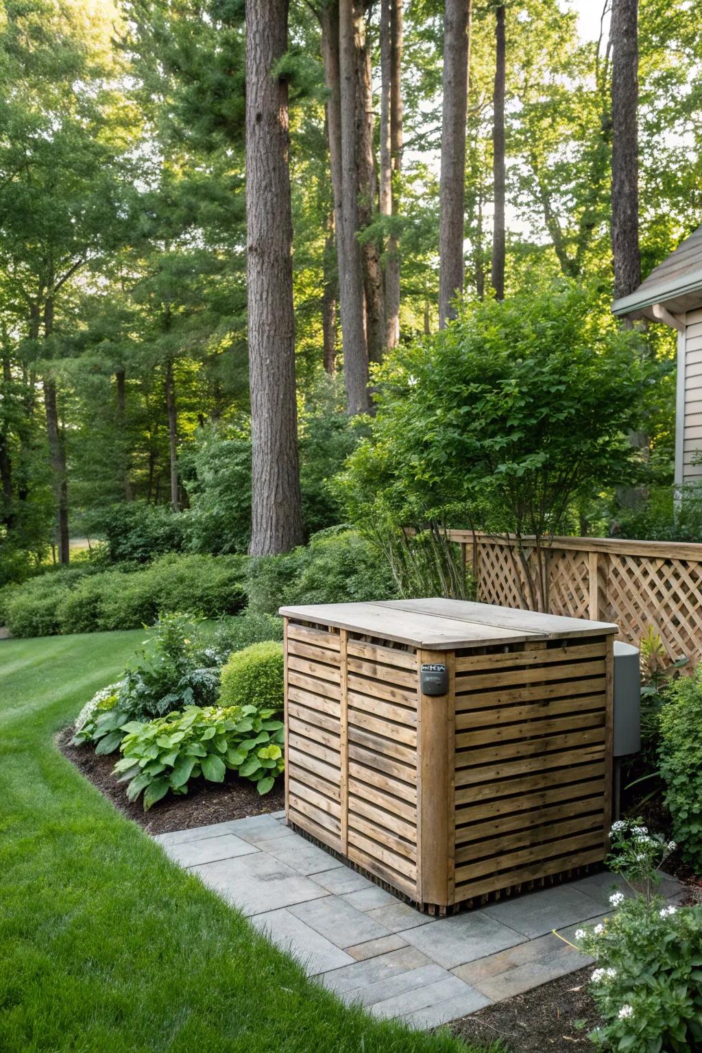 Wooden slats provide a natural and elegant way to cover AC units.