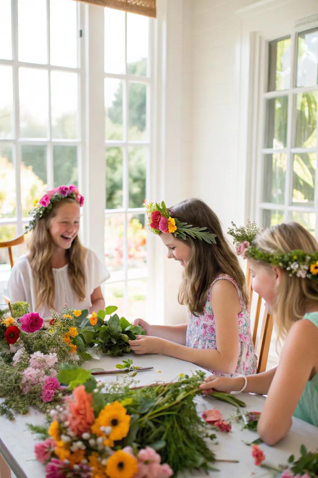 Girls crafting their own beautiful flower crowns.