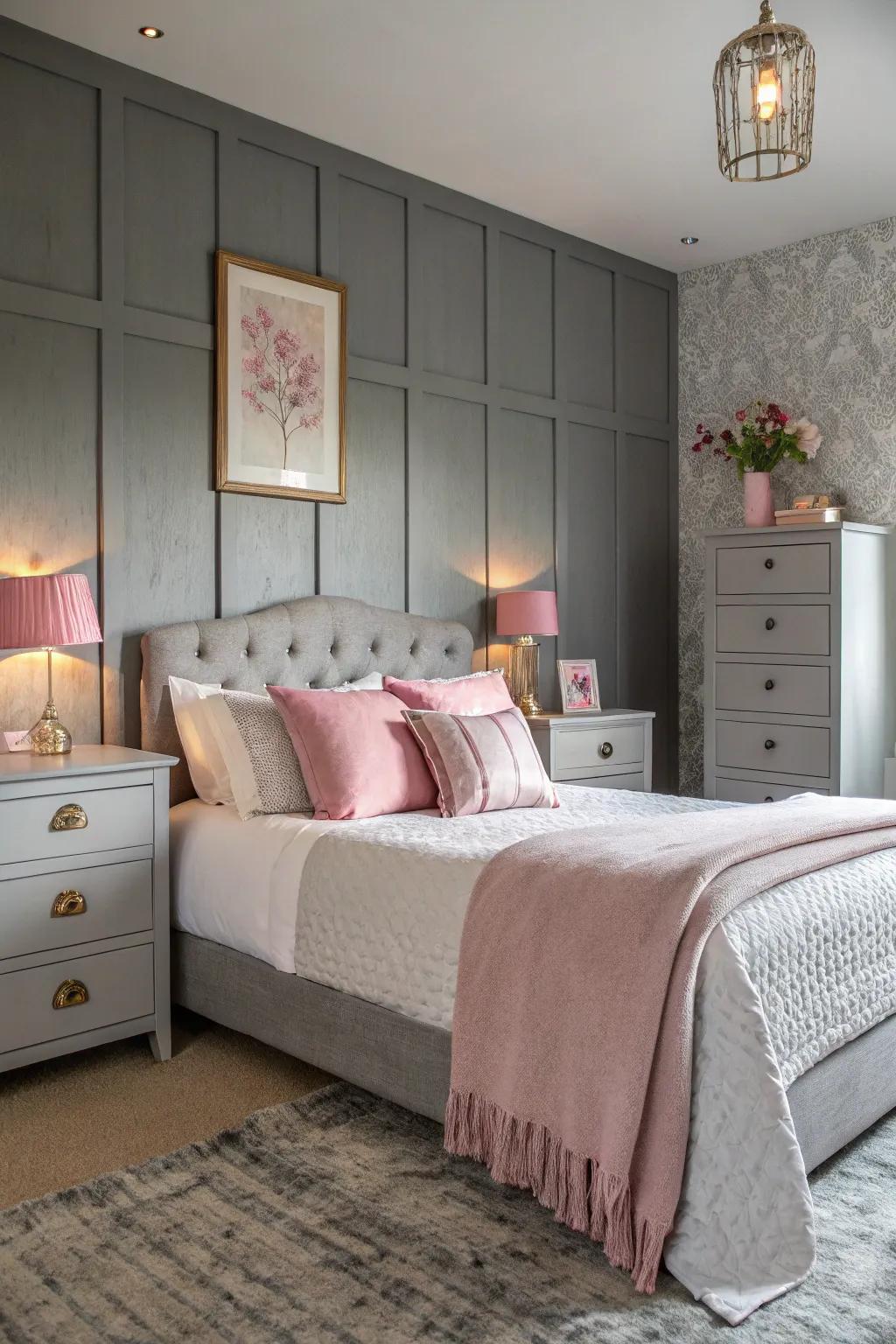 A grey base bedroom accented with pink textiles for a balanced look.