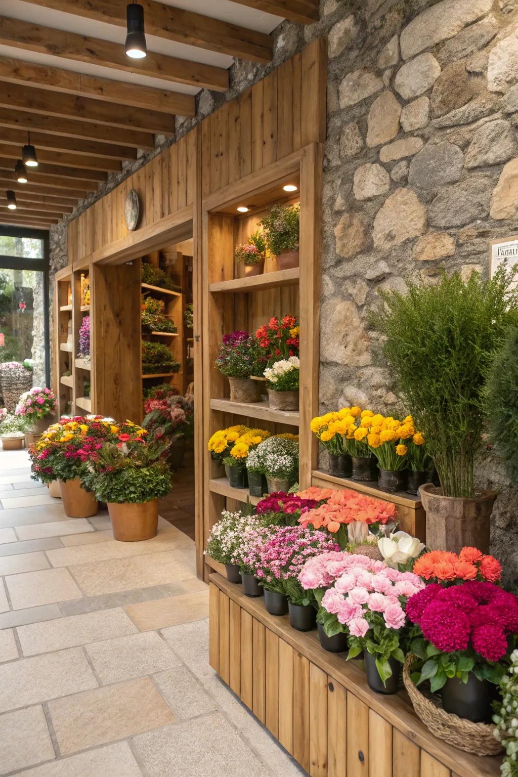 Flower shop with natural wooden shelves and stone accents