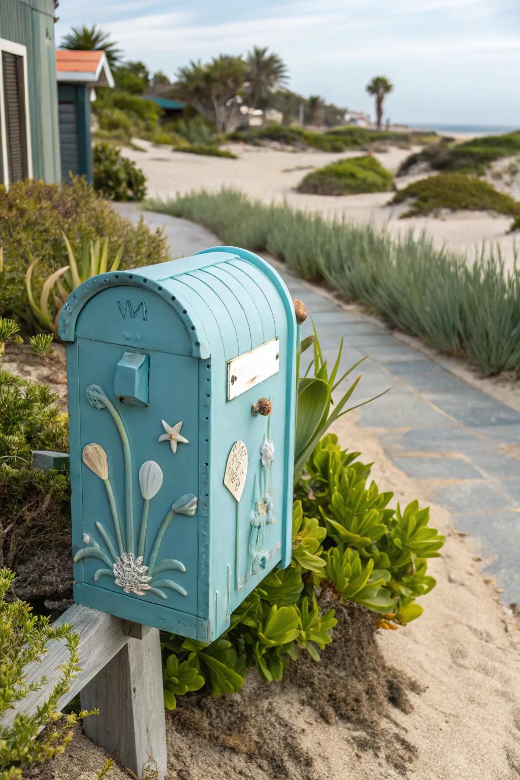 A coastal-themed mailbox with seashells and oceanic colors.