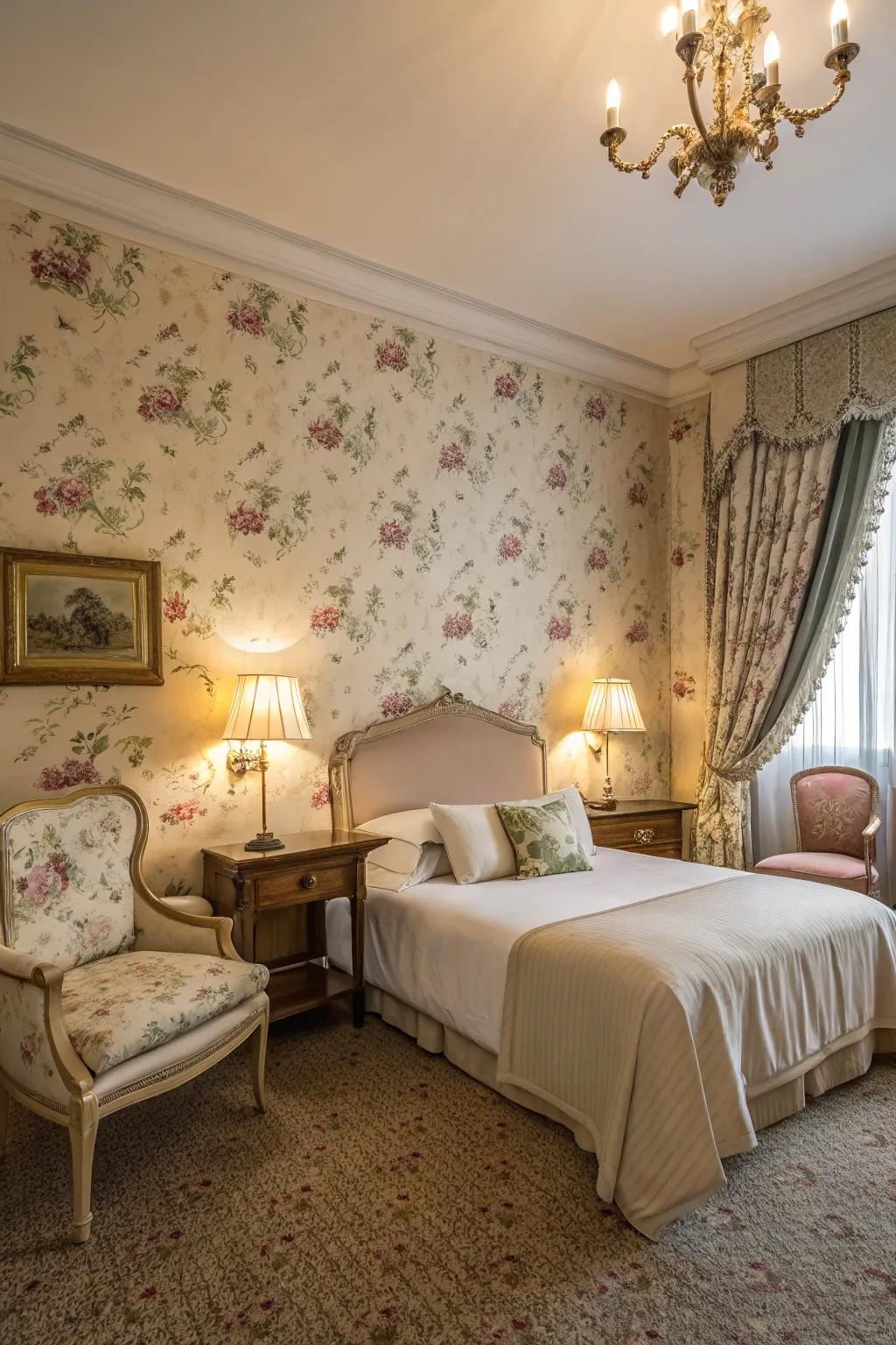 A bedroom with vintage floral wallpaper, adding charm and elegance.