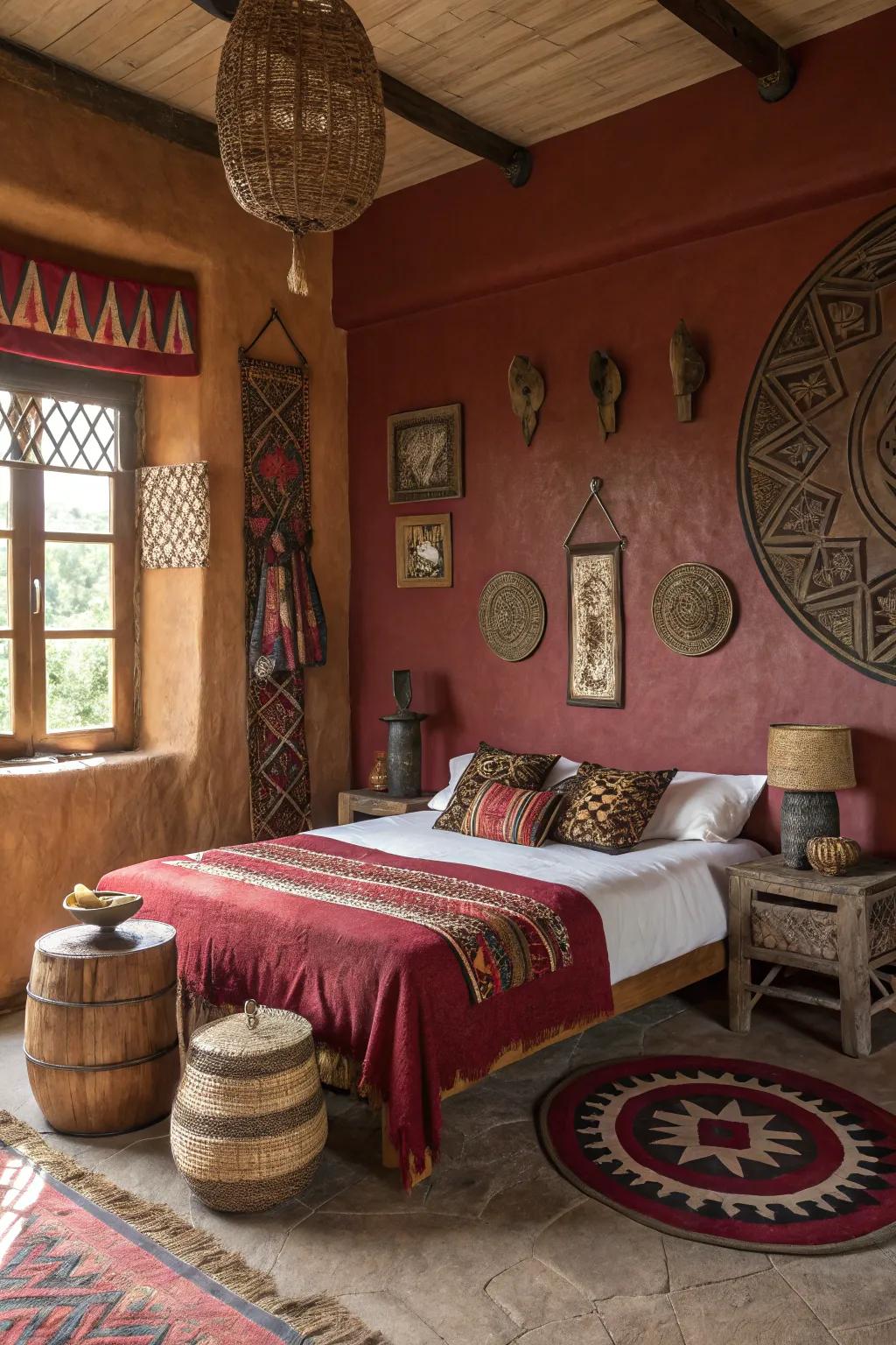 A bedroom featuring a rich, earthy color palette with African decor accents.