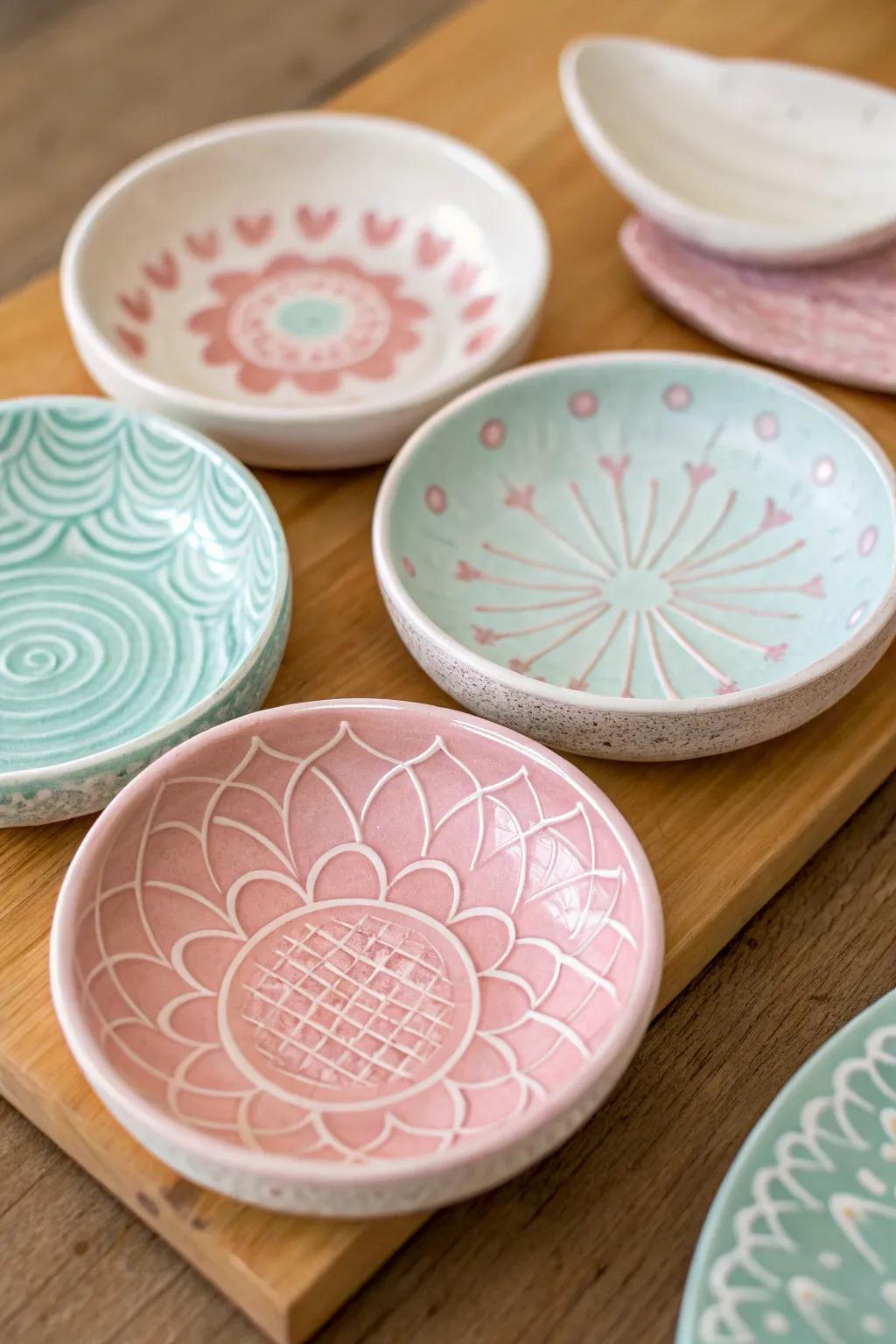 Handcrafted trinket dishes made from air dry clay.