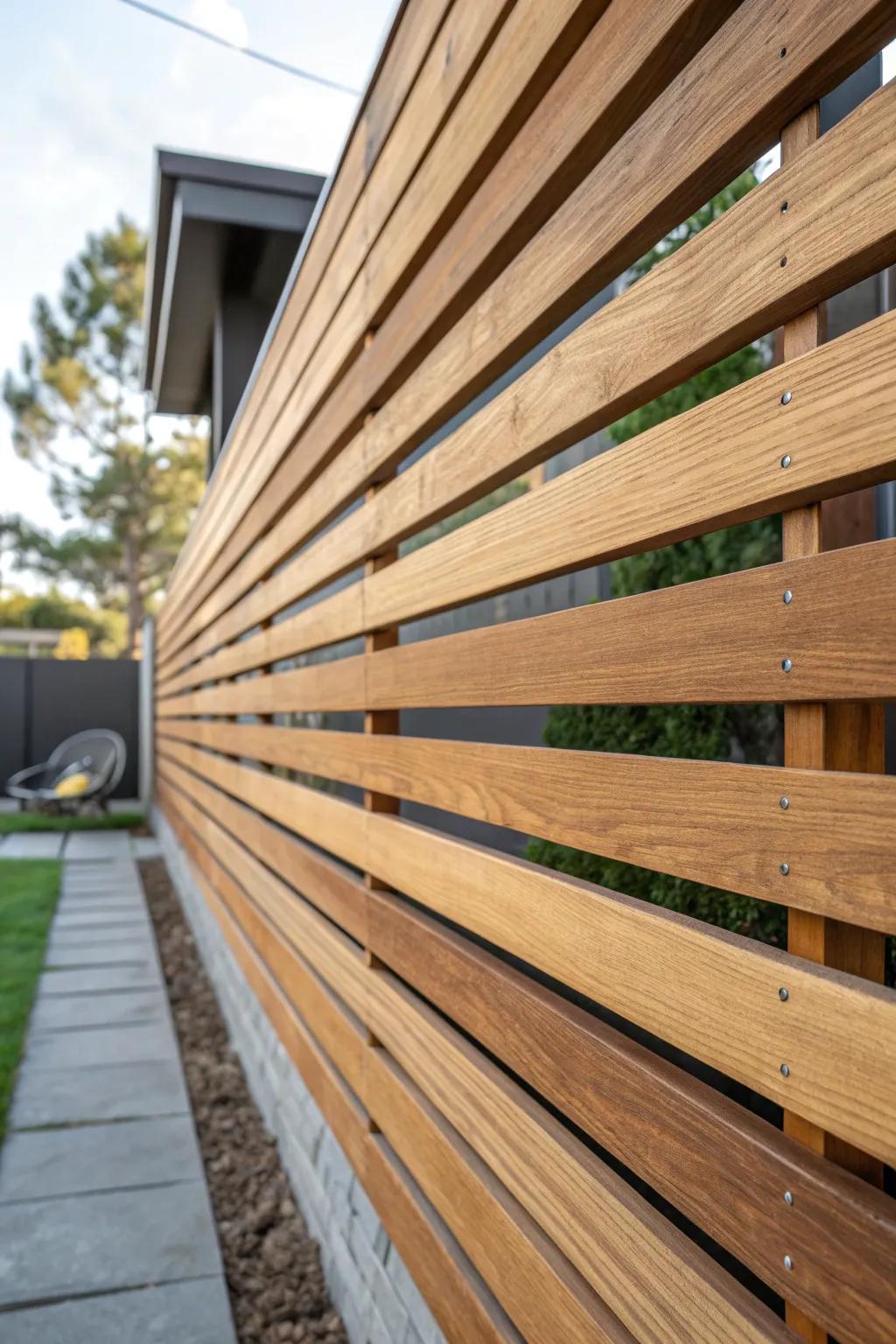 Elevate your outdoor space with the sleek sophistication of horizontal wood slats.