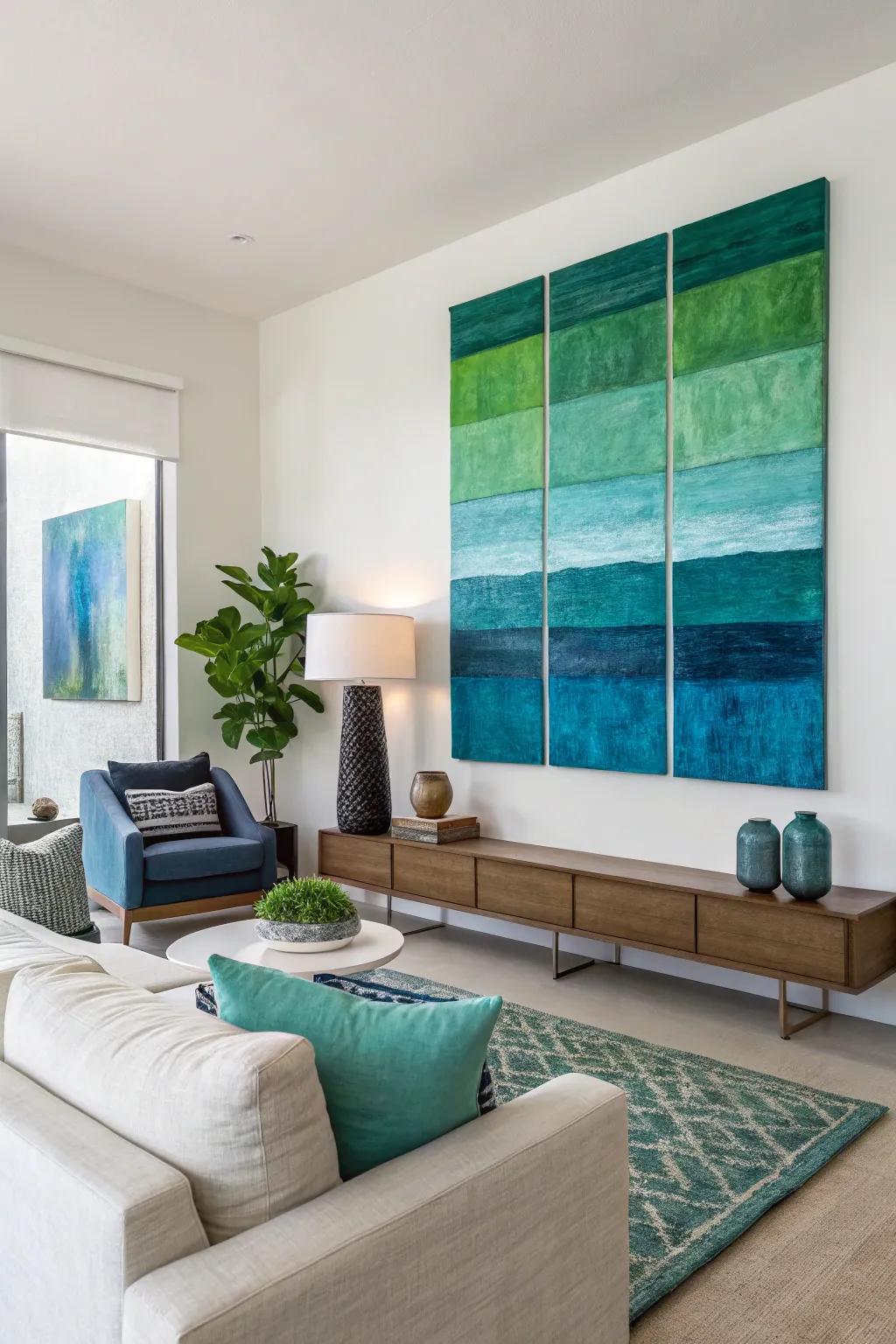 Abstract color blocking adds a bold statement to any room.