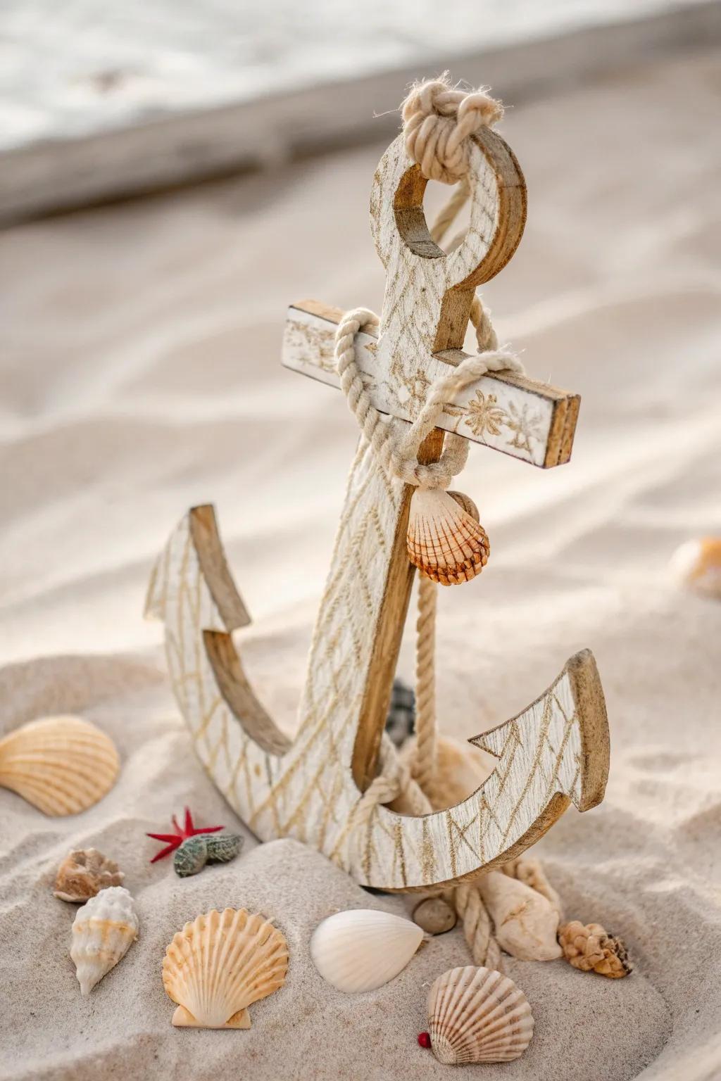 Embrace coastal charm with a seashell-adorned wooden anchor for your minimalist decor.