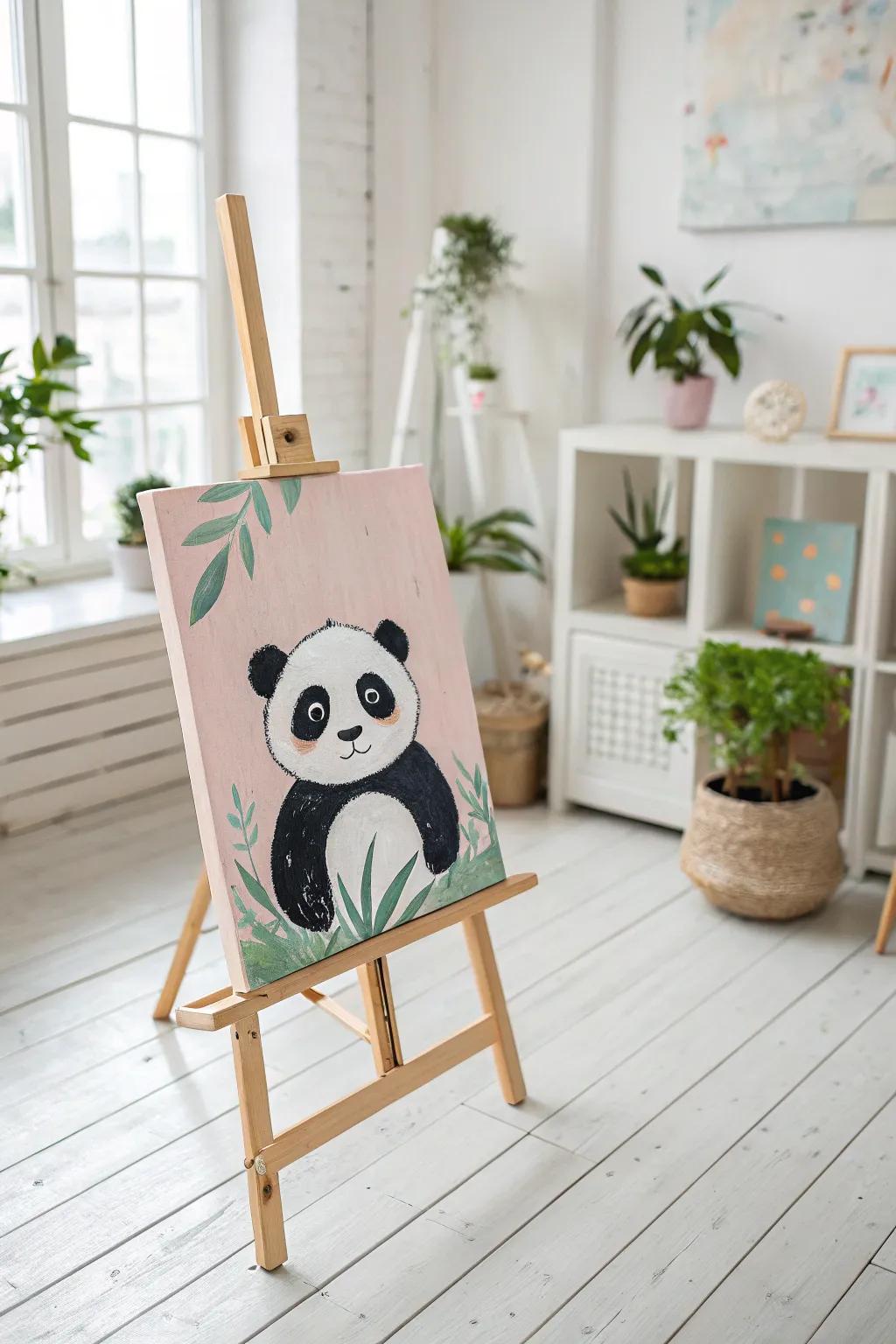 Bring a touch of whimsy to your space with a charming panda portrait; simplicity meets natural beauty.