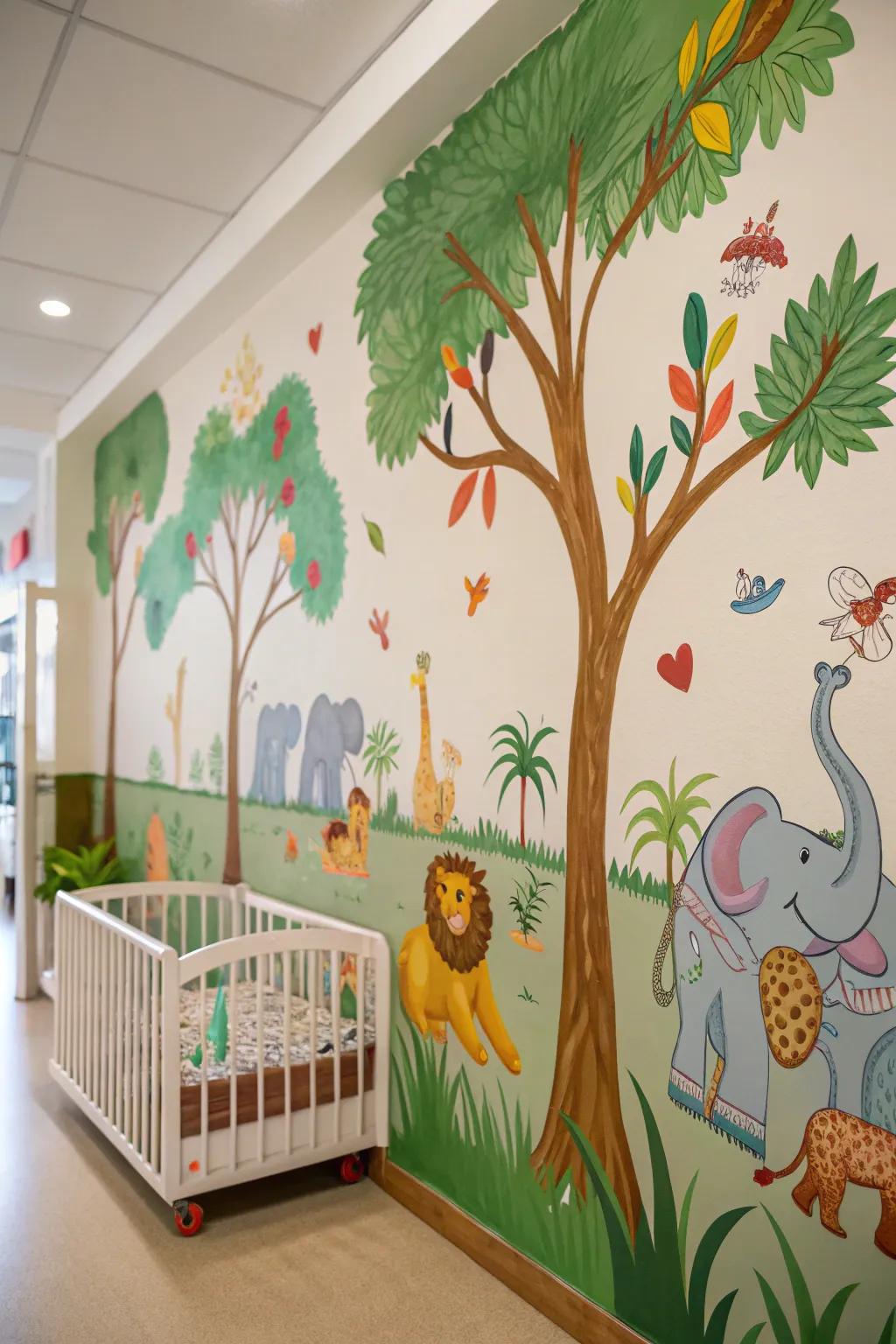 A jungle mural transforms the nursery into a lively adventure.