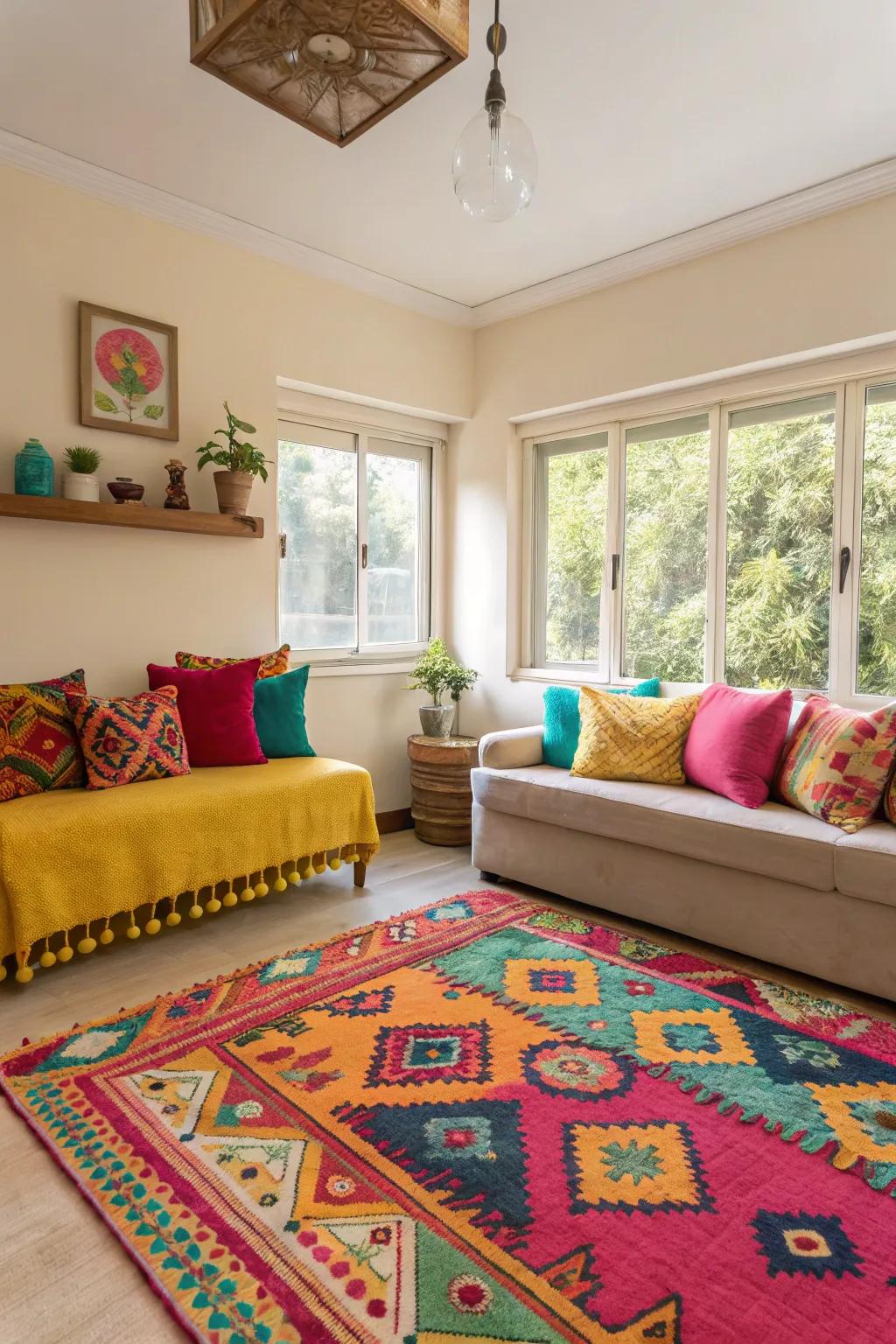 Brighten your living space with pops of color through rugs and throw pillows.