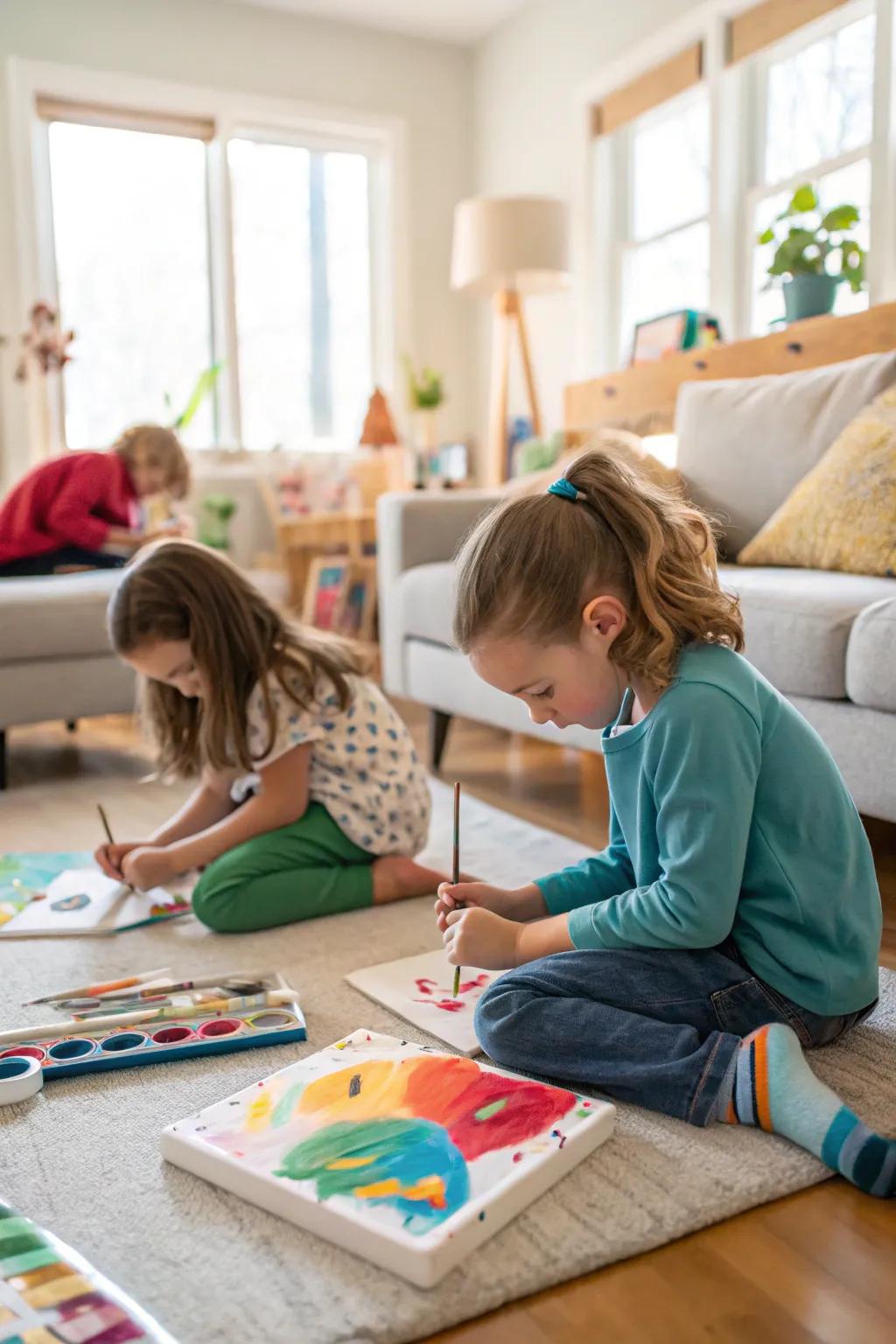 Kids absorbed in painting their canvases, expressing creativity in a lively home environment.