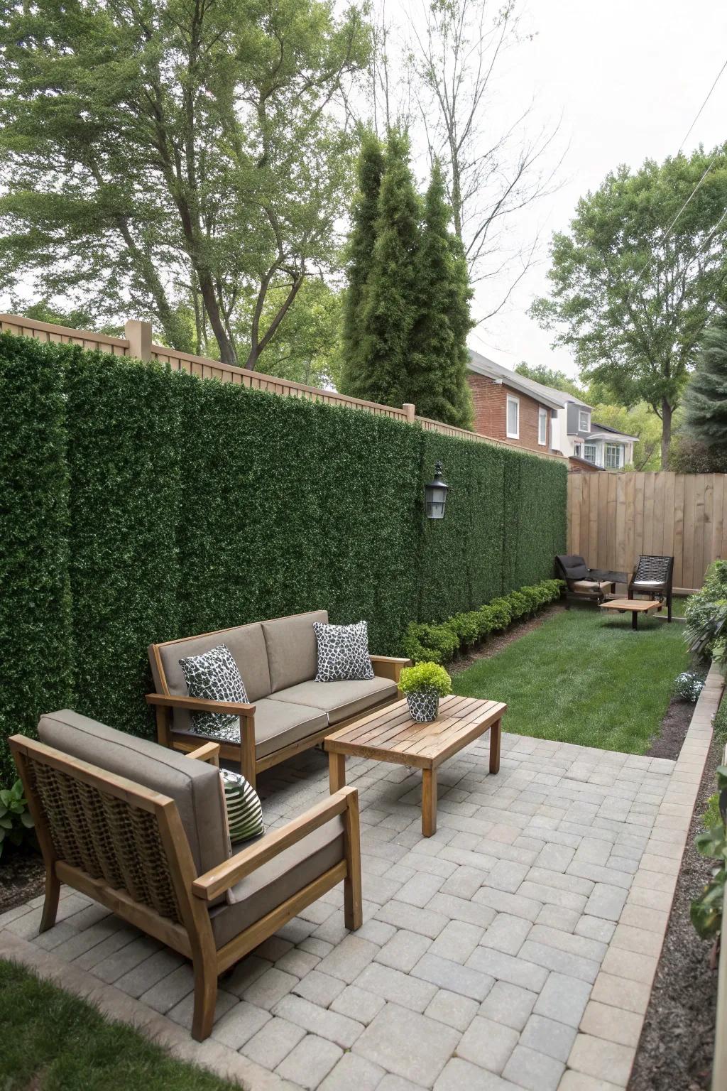 Enjoy a peaceful retreat with a private oasis created by artificial hedge walls.