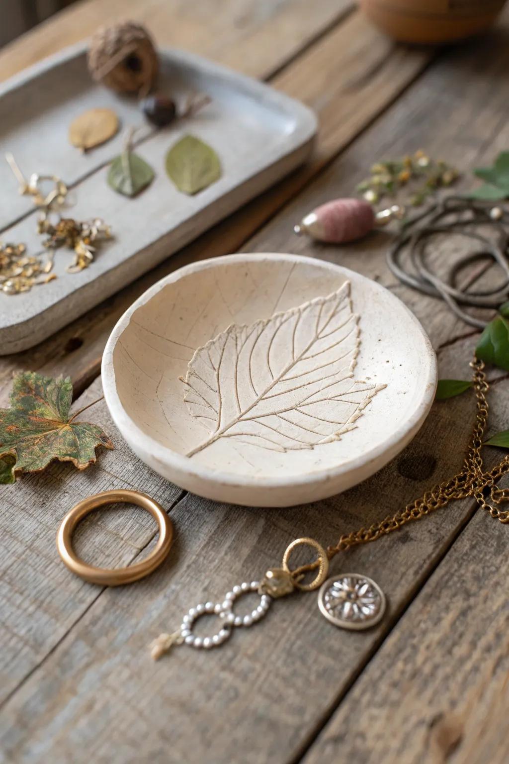 A charming jewelry dish capturing the beauty of nature with every leaf vein.