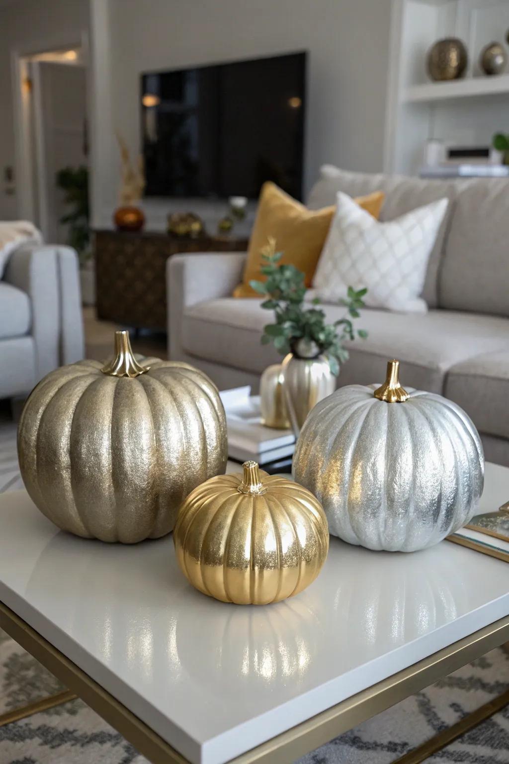 Metallic painted pumpkins adding a touch of elegance to a modern living room.