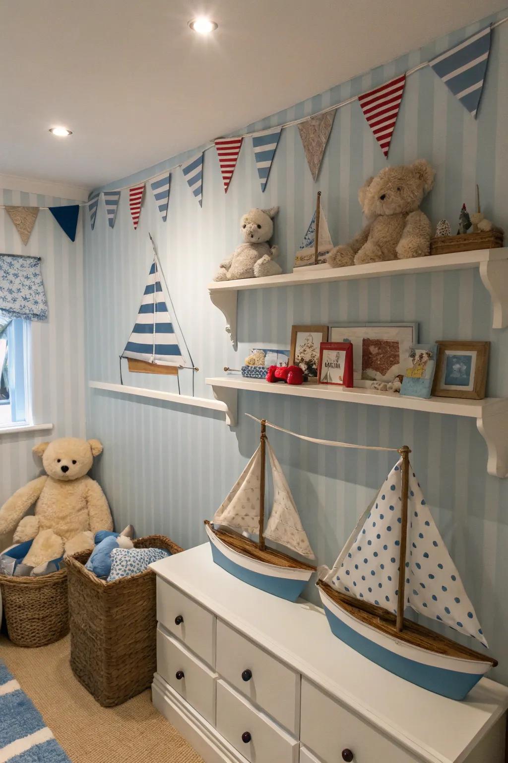 A nautical-themed nursery with calming blue and white stripes.