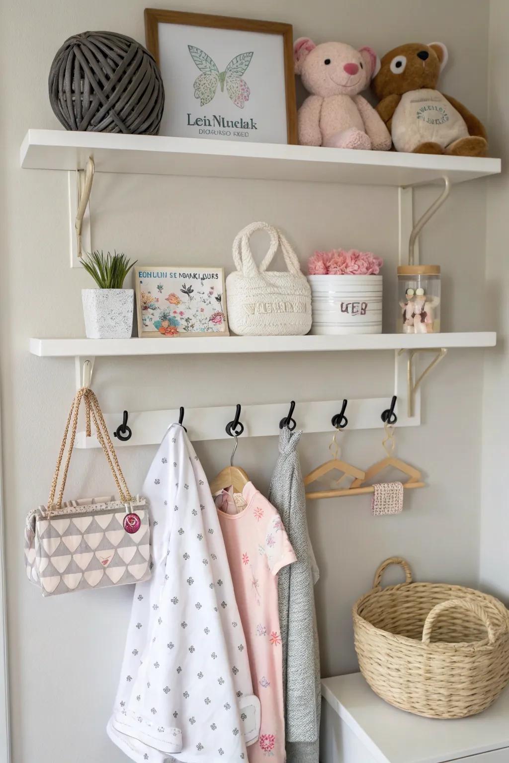 Floating shelves and hooks transform wall space into functional storage in a small nursery.