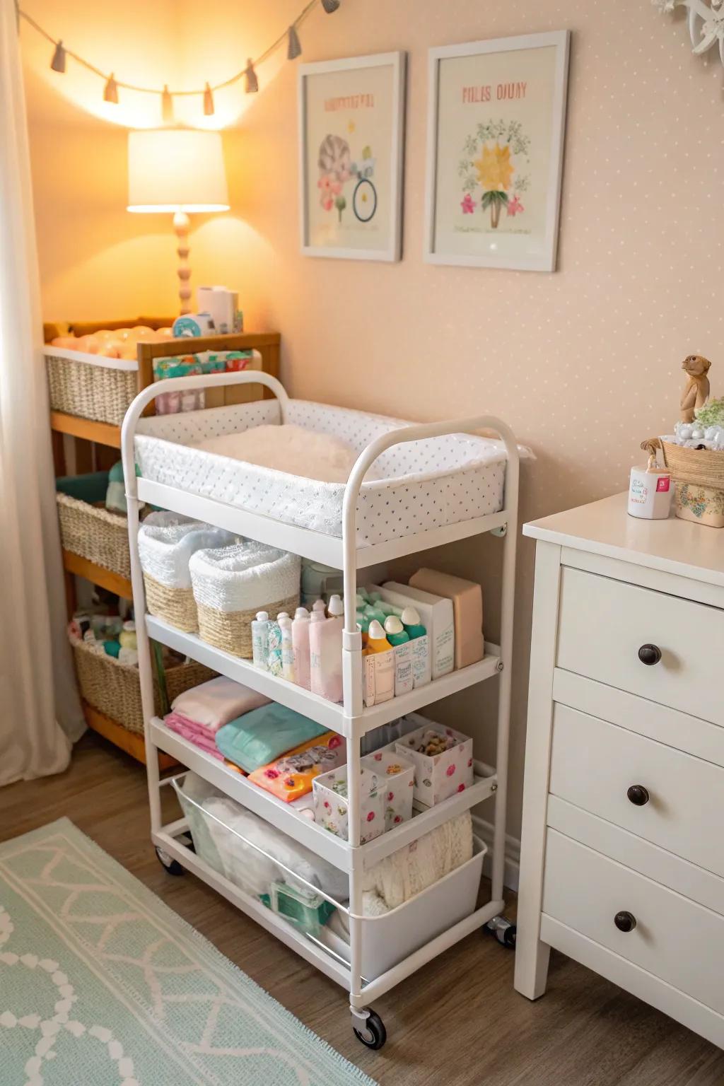 A diaper-changing station on wheels for convenience and style.