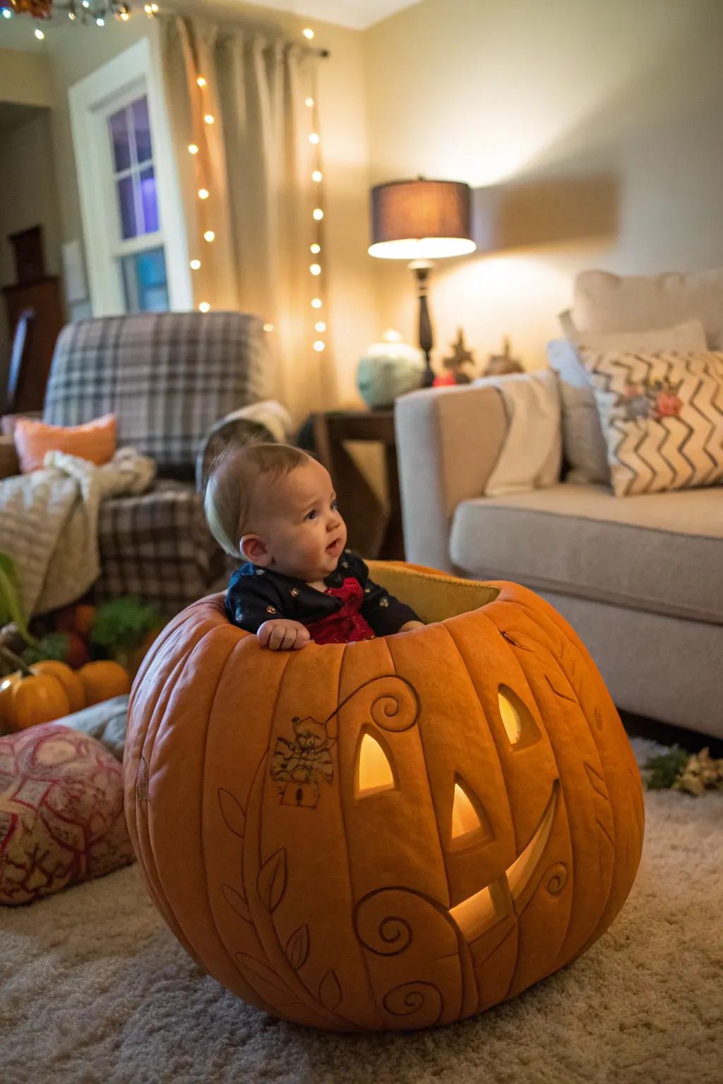 A giant pumpkin makes for a perfect cozy seat.