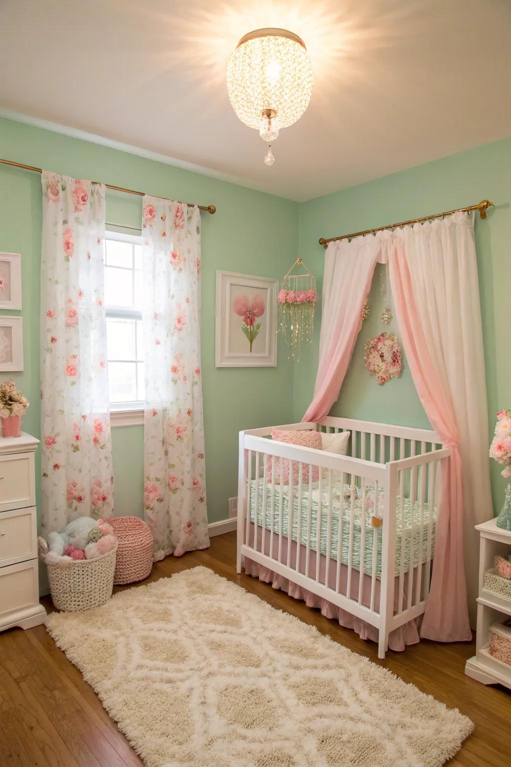 A calming nursery with a mint green color palette.