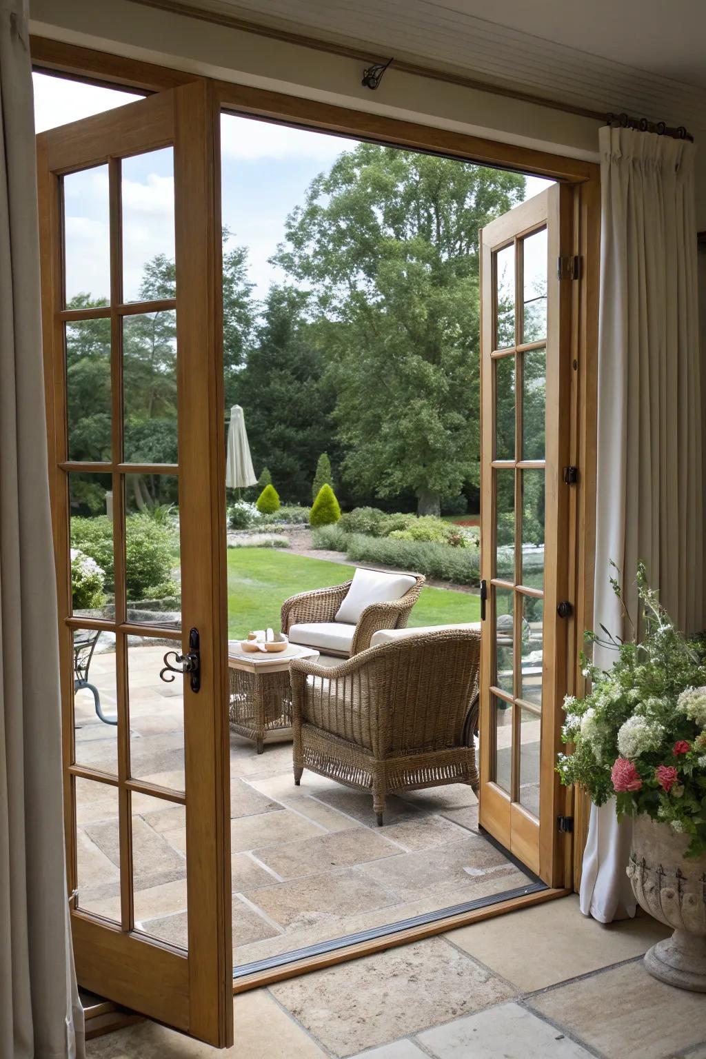 French doors create a seamless transition between indoor comfort and outdoor relaxation.