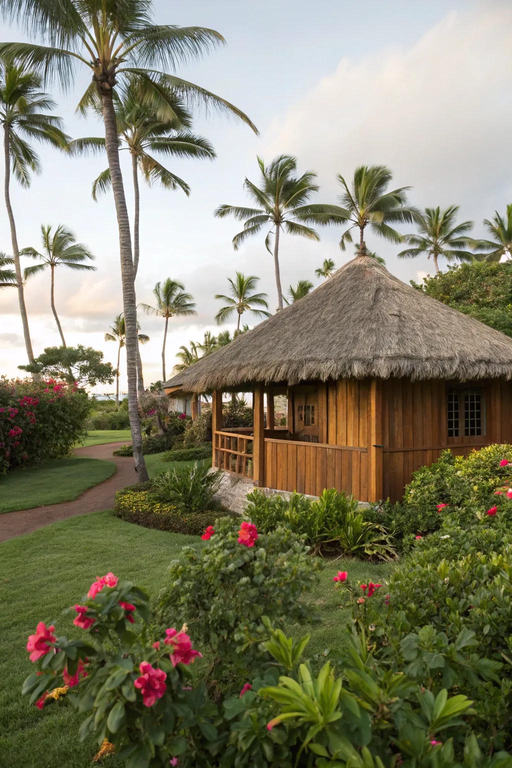 Surround your tiki hut with tropical plants for an authentic vibe.