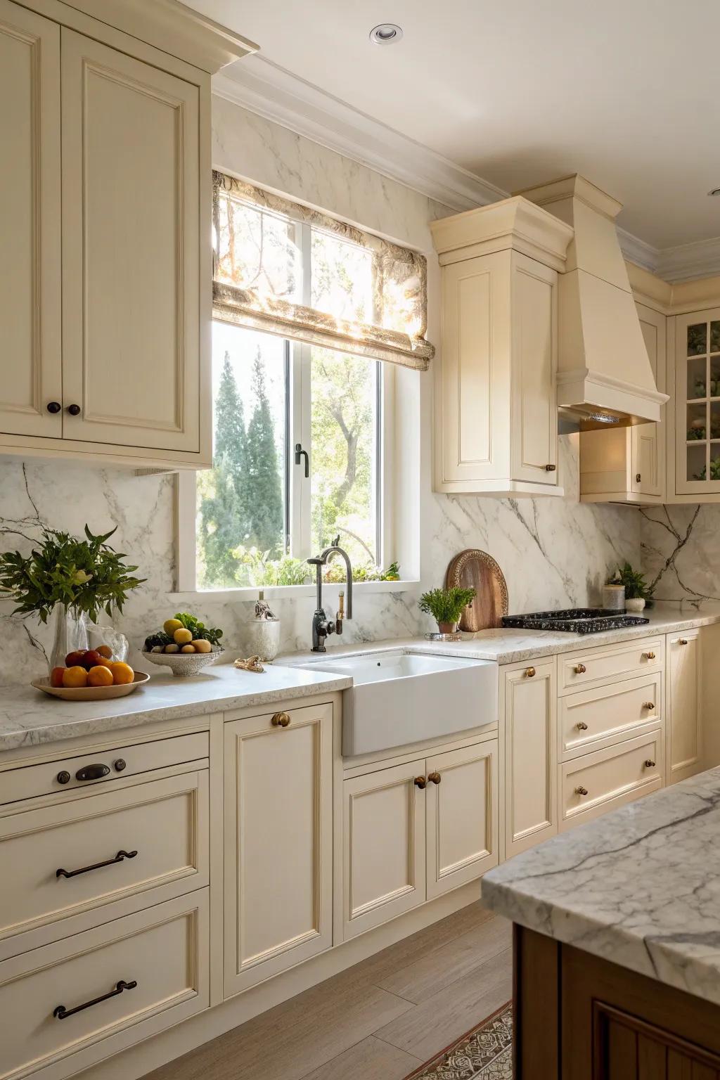 Marble backsplash adds a luxurious touch to cream cabinets.