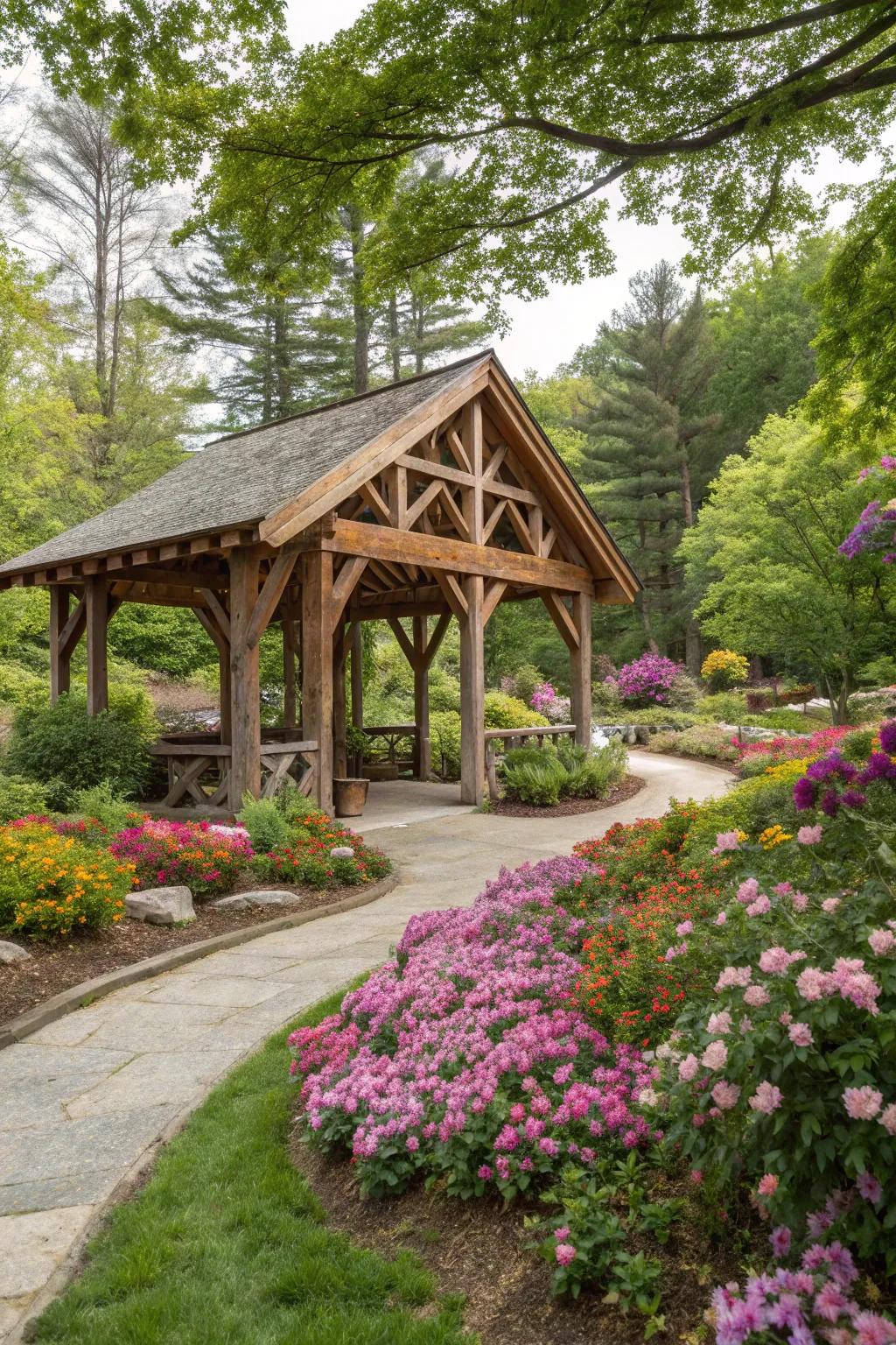 Rustic wooden pavilion harmonizing with nature.