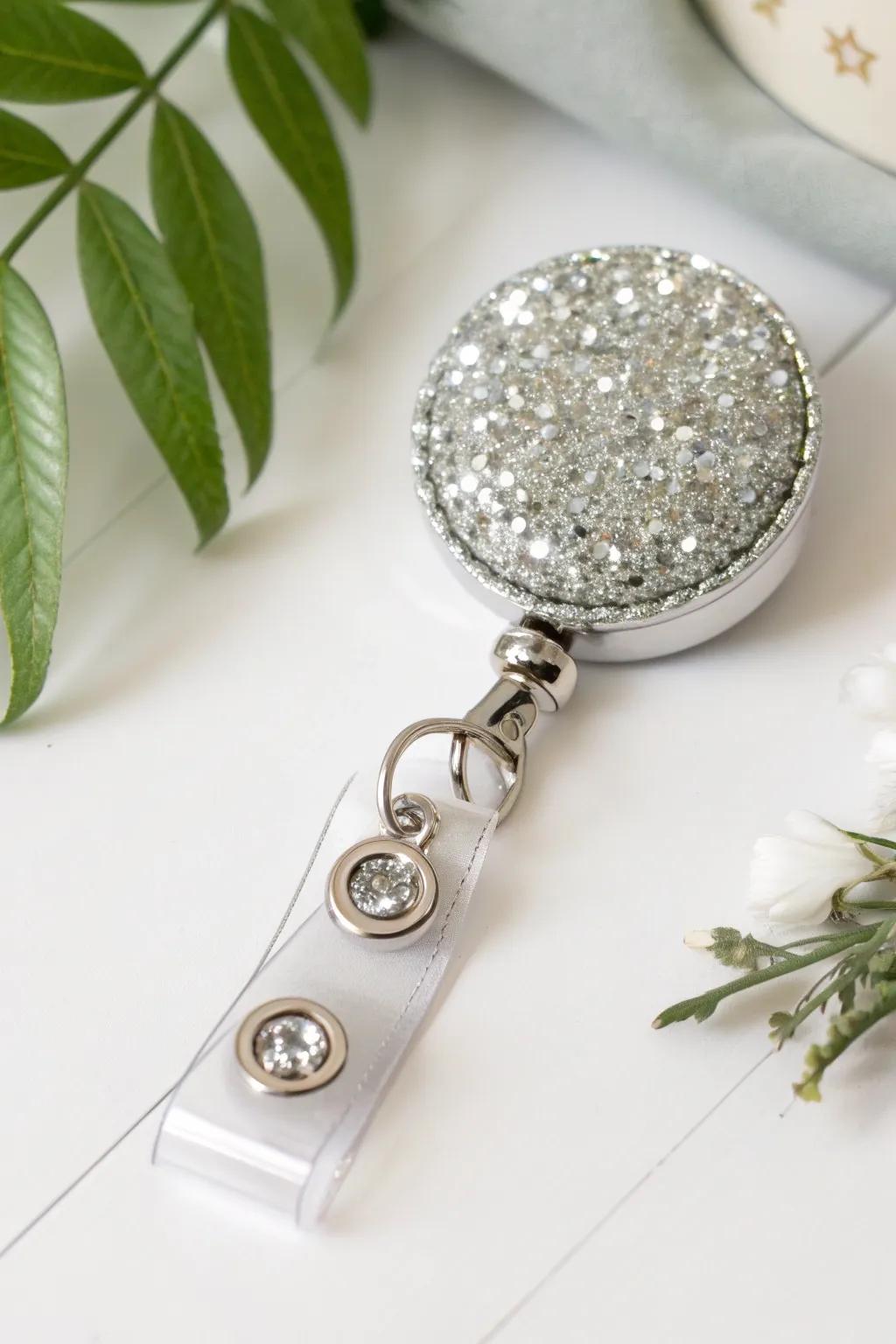 Add a touch of sparkle to your day with this chic glittery badge reel! ✨ #MinimalistGlam #CraftedBeauty