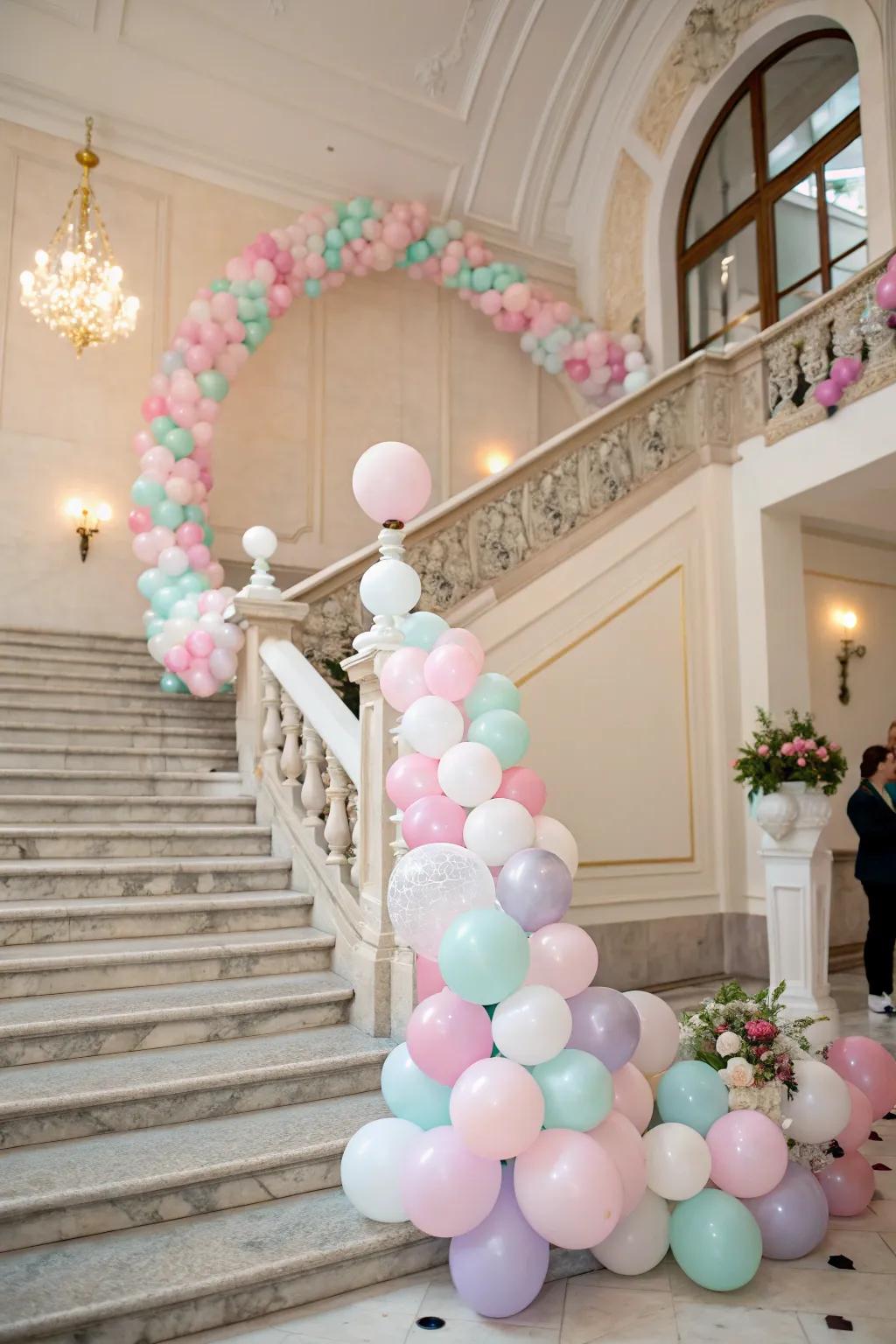 A grand staircase adorned with a pastel balloon garland.