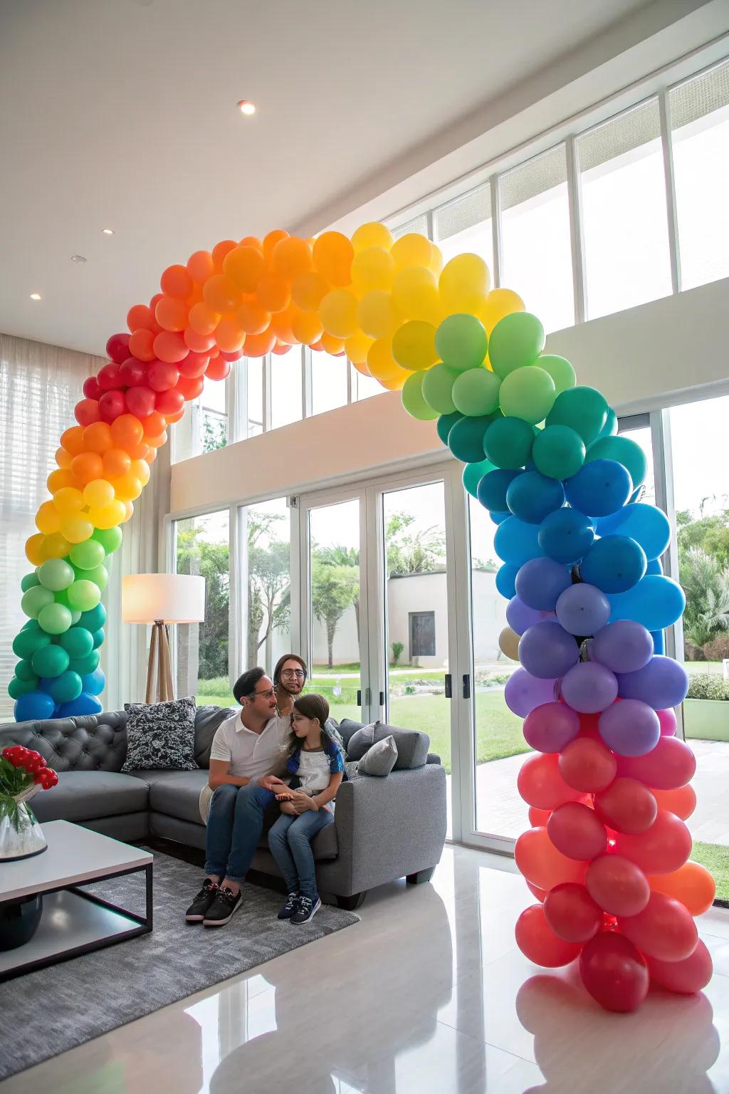 Brighten up your space with a vibrant rainbow balloon arch.