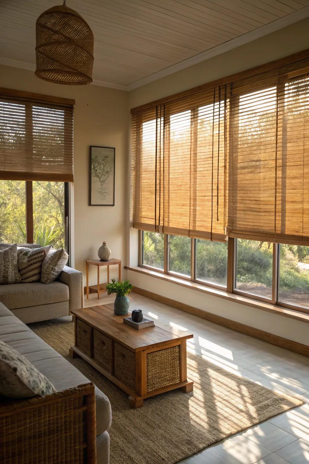 Bamboo blinds offer privacy and a natural touch to any room.