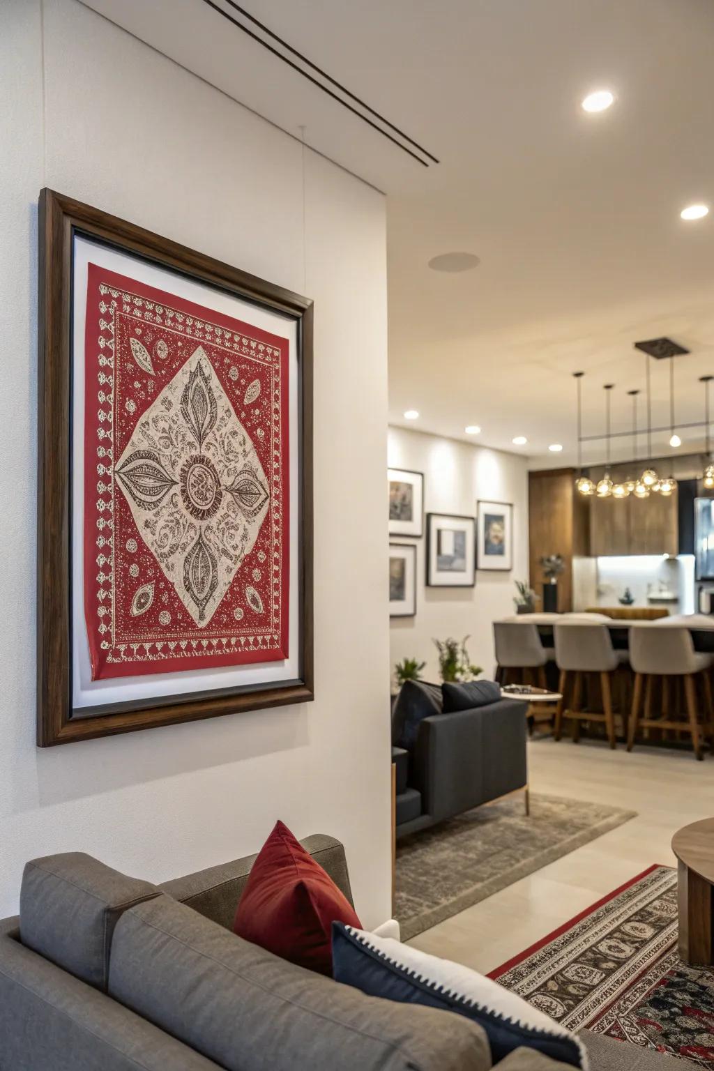 Framed bandana art adds a stylish touch to any living space.