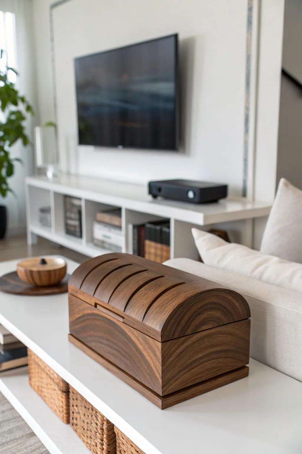 An organic wave bandsaw box adding elegance to a modern living room.