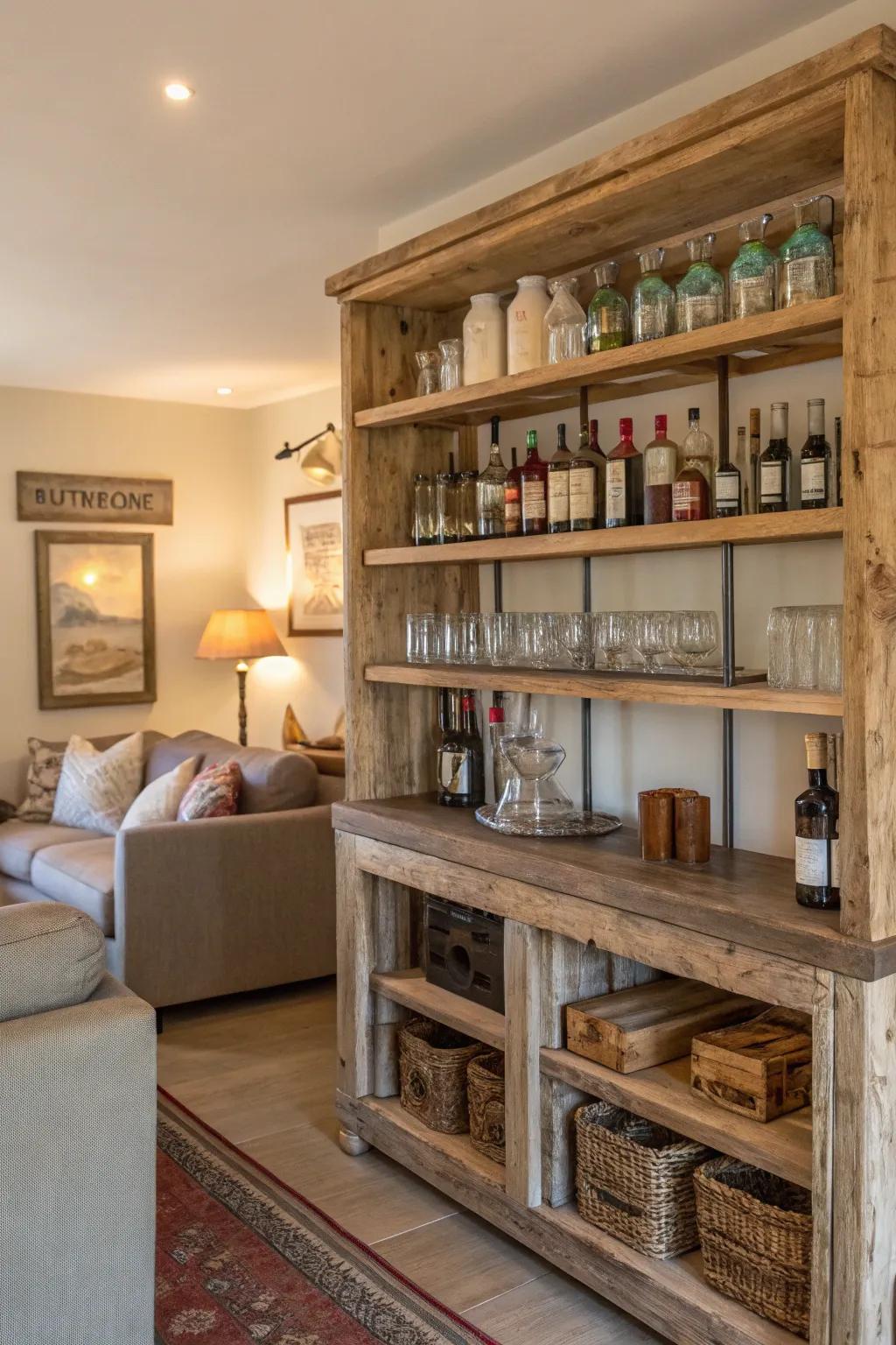 Rustic wooden shelves bring warmth and charm to your bar setup.