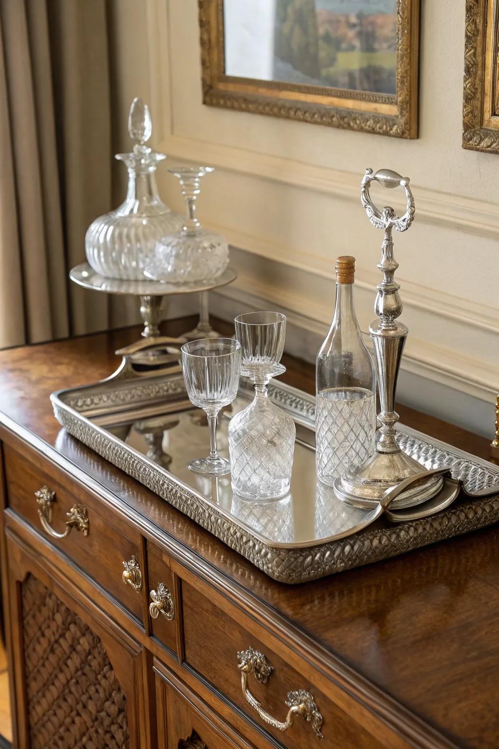 Embrace classic elegance with a silver tray and crystal decanters.